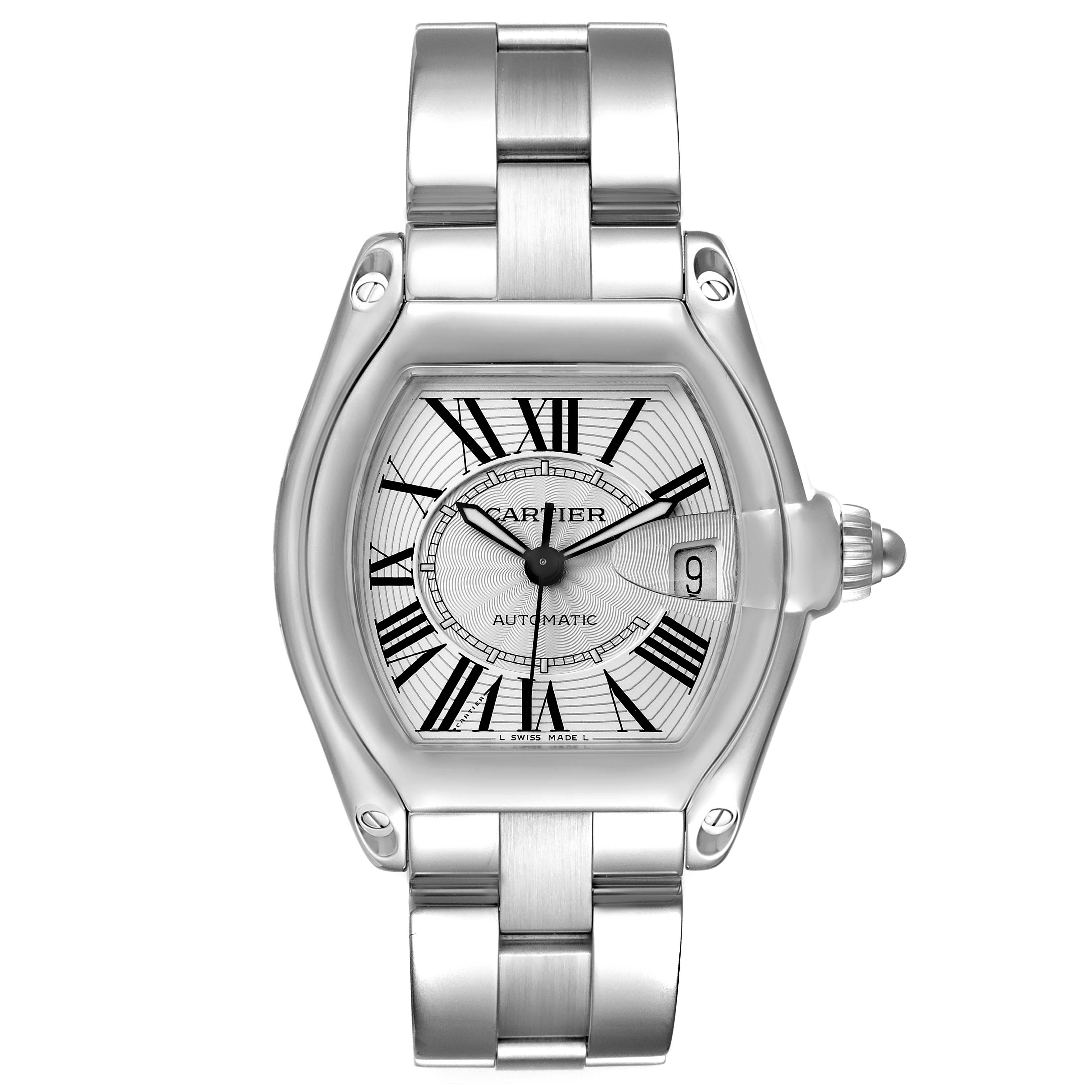 The image shows a frontal view of a Roadster model watch by Cartier, displaying its face, bezel, case, and bracelet.