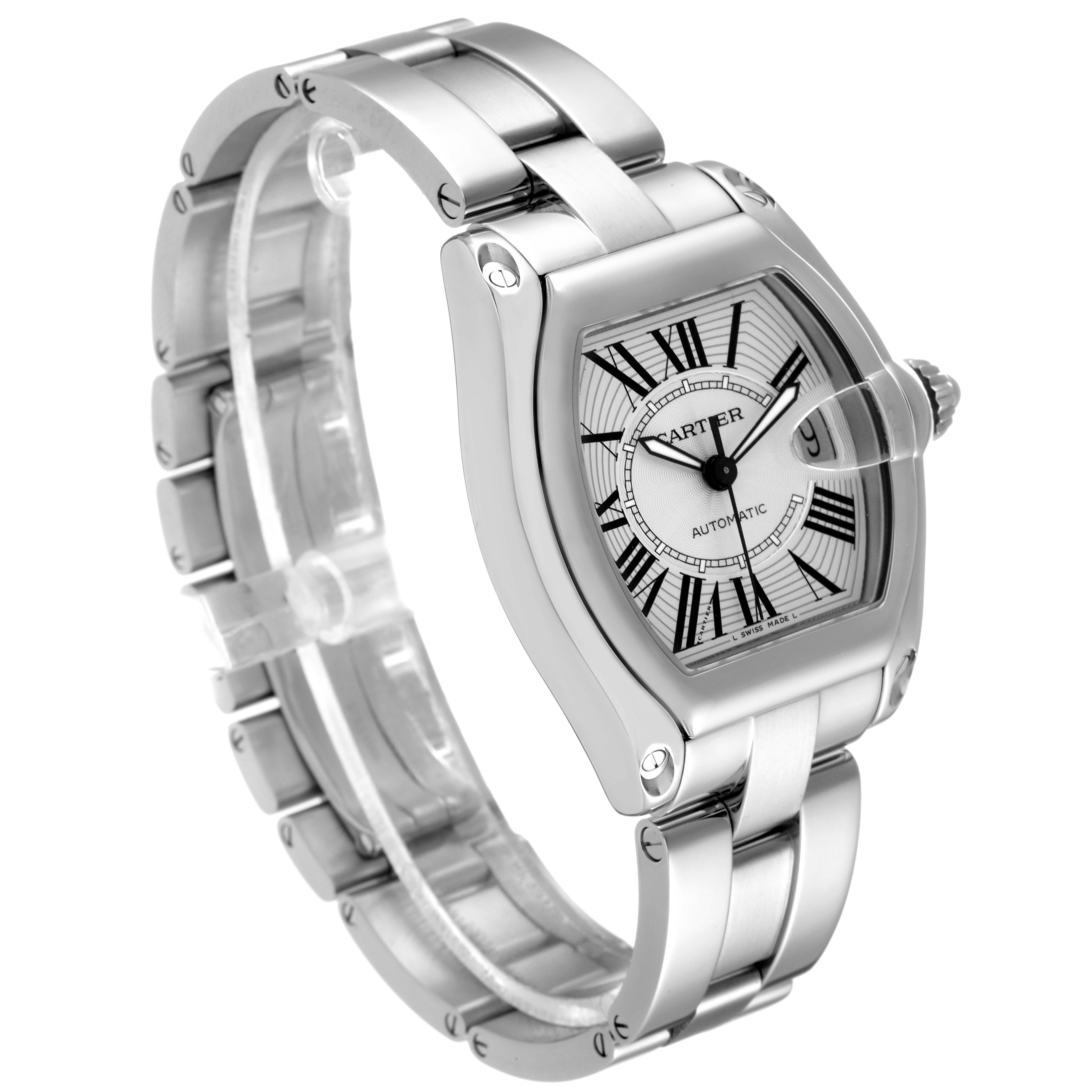 The Cartier Roadster W62025V3 Men's Stainless Steel Silver Dial W62025V3 Men's Stainless Steel Silver Dial watch is shown at a three-quarter angle, highlighting its face, case, and metal bracelet.
