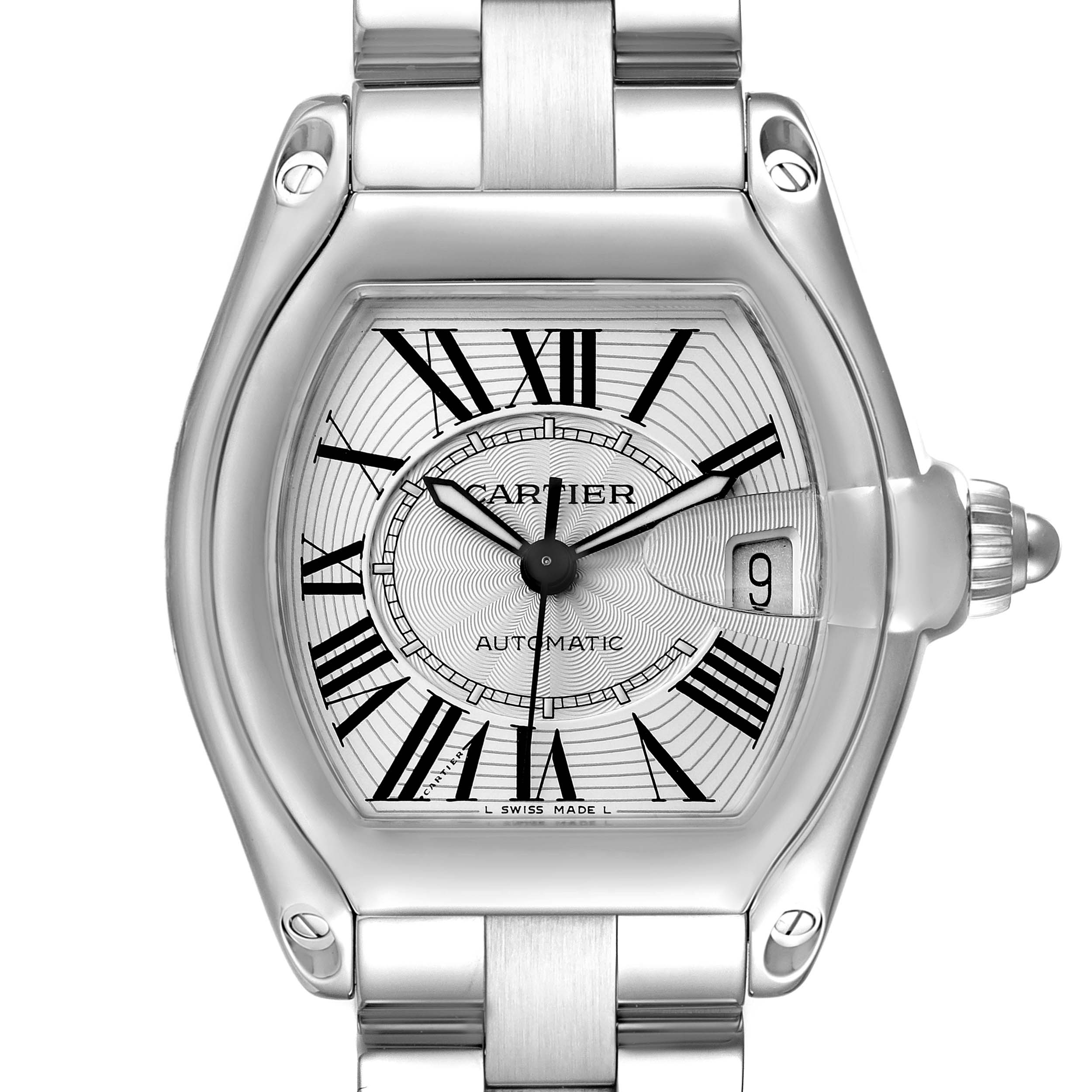 The image shows a frontal view of the Cartier Roadster W62025V3 Men's Stainless Steel Silver Dial W62025V3 Men's Stainless Steel Silver Dial watch, highlighting its face, dial, and metal strap.