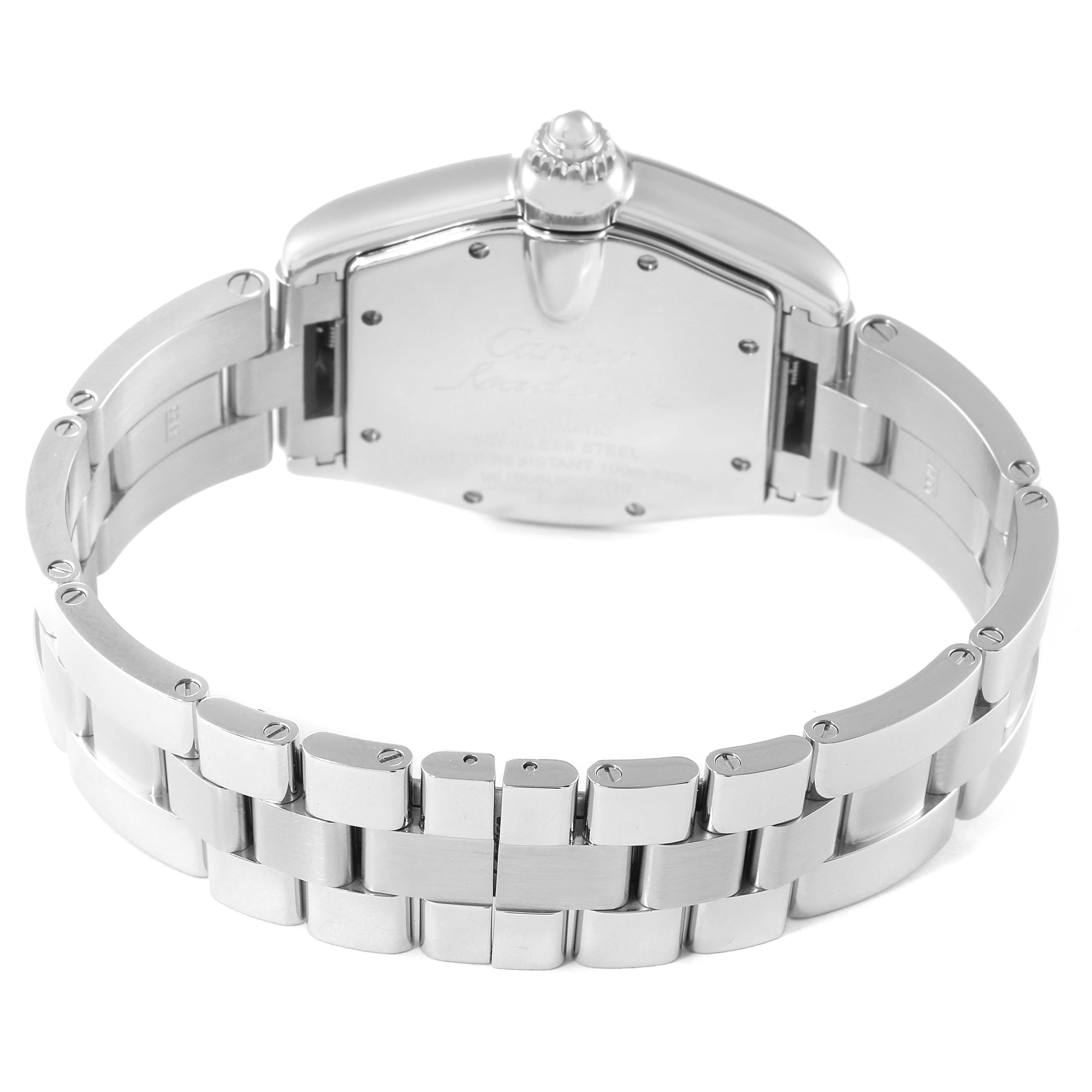 The image shows the back case and bracelet of the Cartier Roadster W62025V3 Men's Stainless Steel Silver Dial W62025V3 Men's Stainless Steel Silver Dial watch, viewed from an angle that highlights the clasp and links.