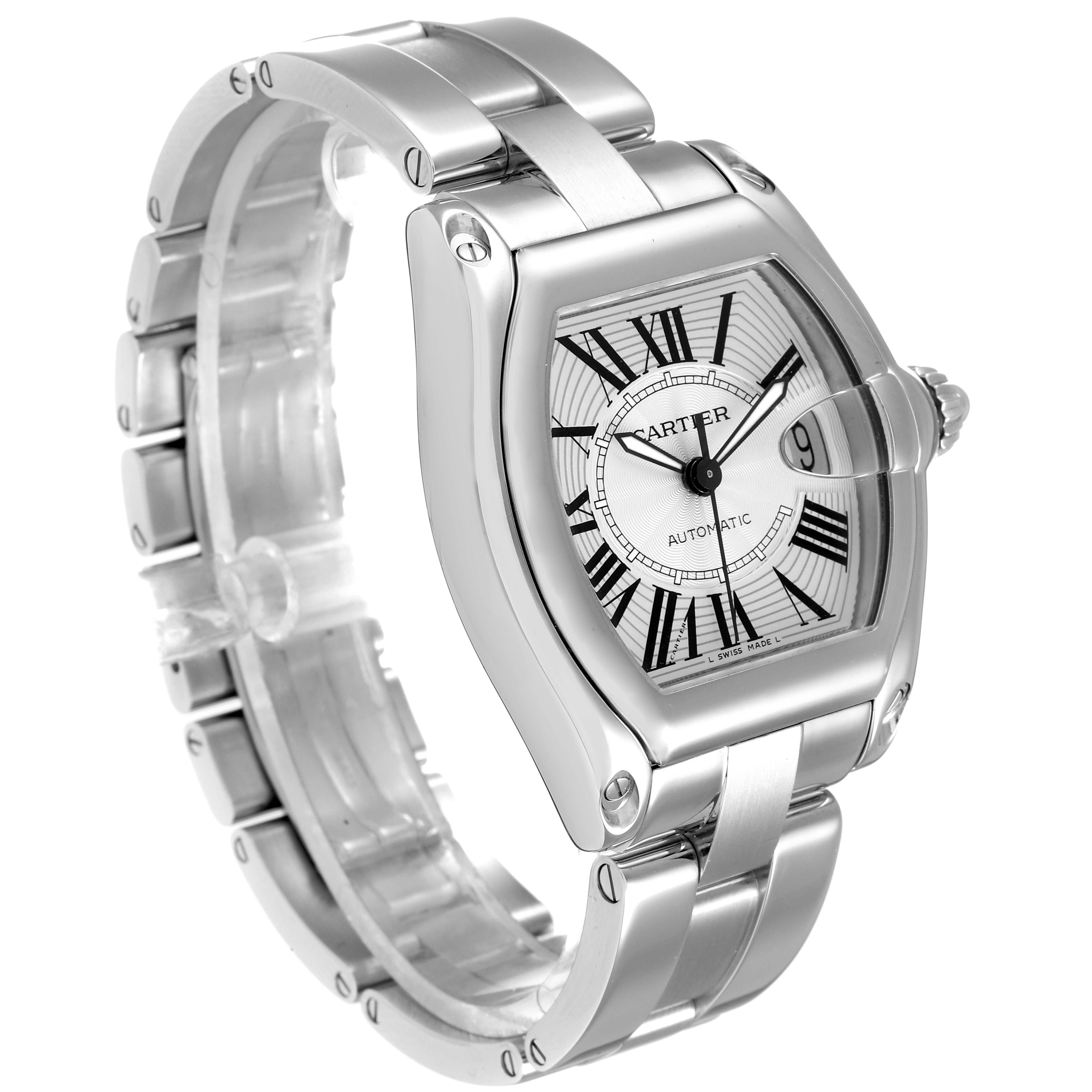 This image of the Cartier Roadster W62025V3 Men
s Stainless Steel Silver Dial W62025V3 Men
s Stainless Steel Silver Dial watch shows a three-quarter view highlighting the case, dial, and part of the bracelet.