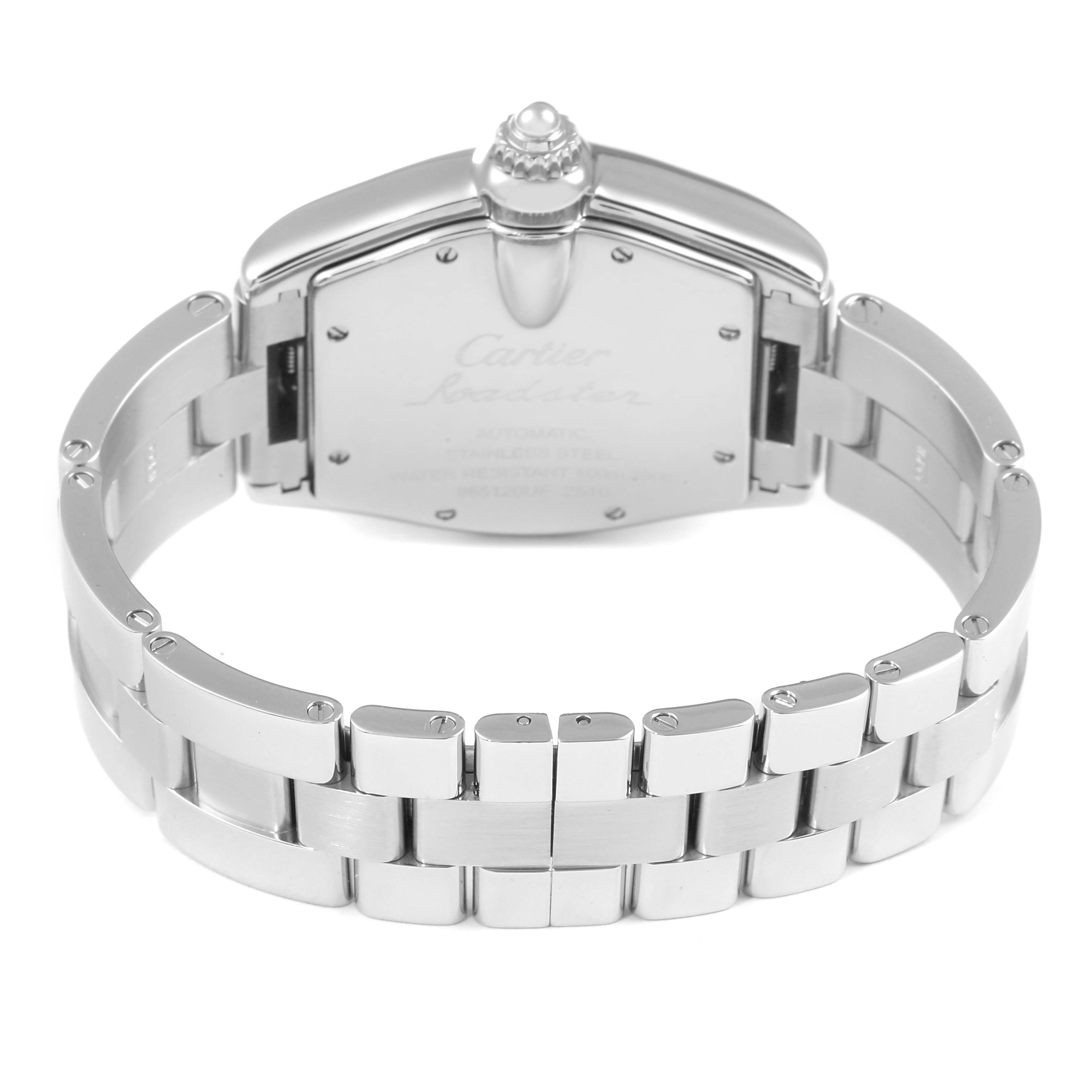 The image shows the back view of a Cartier Roadster W62025V3 Men
s Stainless Steel Silver Dial W62025V3 Men
s Stainless Steel Silver Dial watch, highlighting its stainless steel bracelet and caseback.