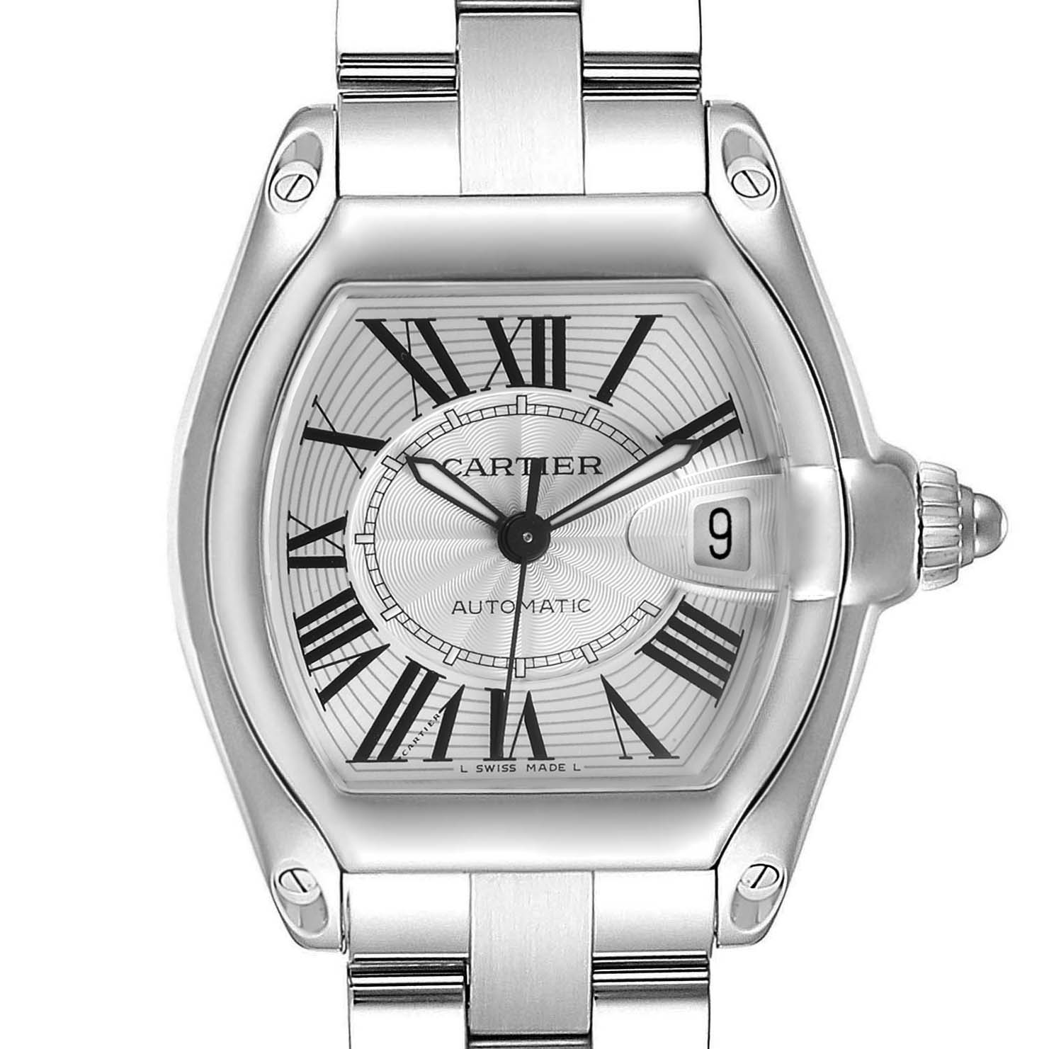 This image shows a front view of the Cartier Roadster W62025V3 Men
s Stainless Steel Silver Dial W62025V3 Men
s Stainless Steel Silver Dial watch face and part of the bracelet.