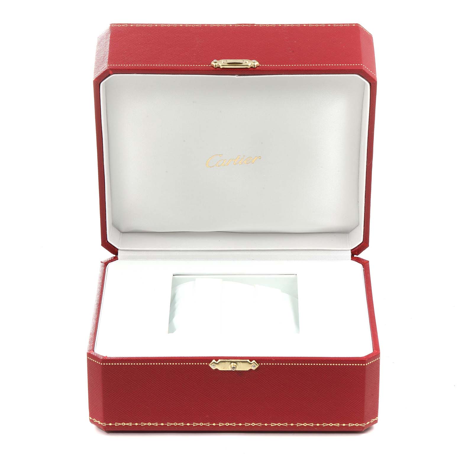 The image shows the open red box for a Cartier Roadster W62025V3 Men
s Stainless Steel Silver Dial W62025V3 Men
s Stainless Steel Silver Dial watch, displaying the inner padding and brand logo.