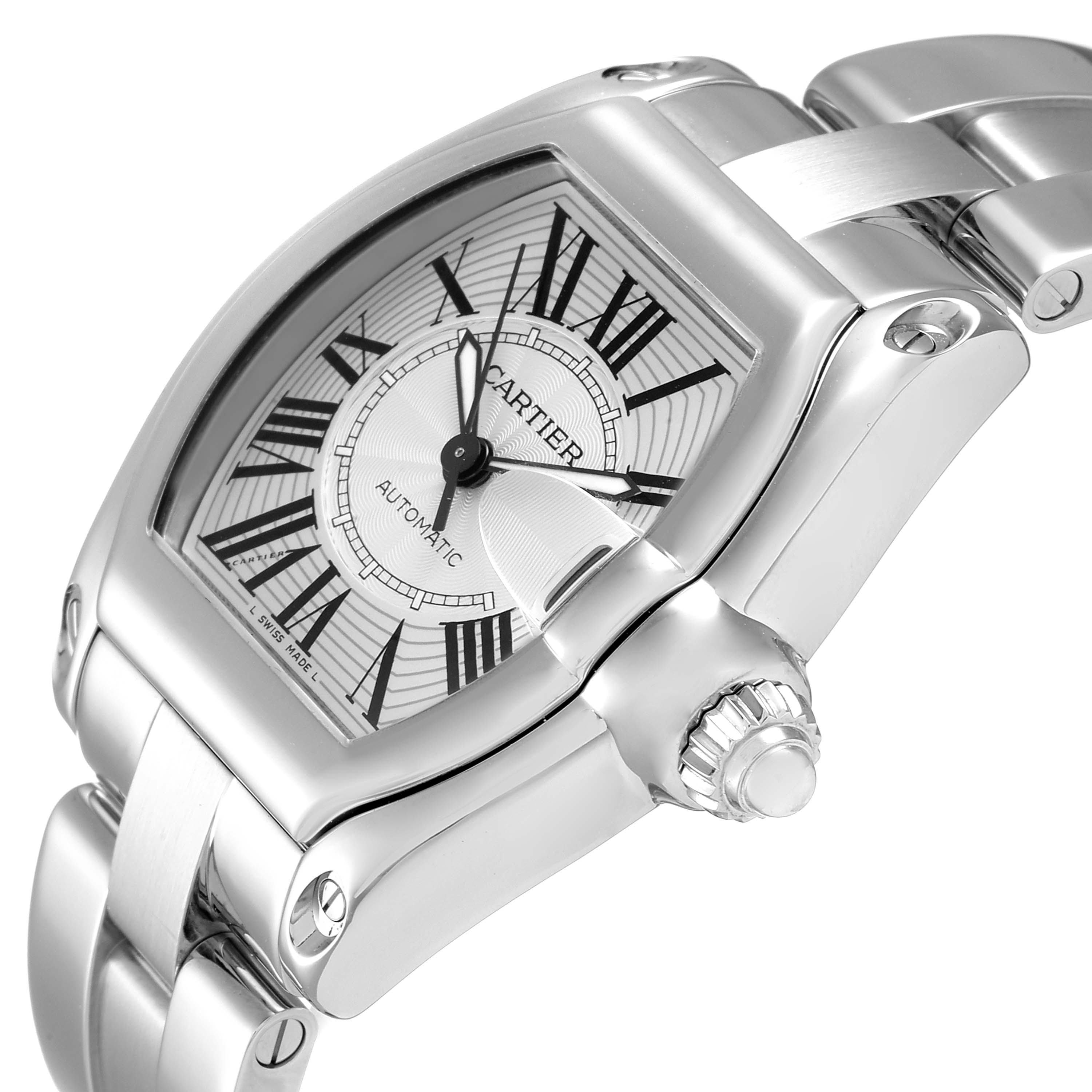 The image shows a side angle of the Cartier Roadster W62025V3 Men
s Stainless Steel Silver Dial W62025V3 Men
s Stainless Steel Silver Dial watch, highlighting its face, crown, and part of the bracelet.