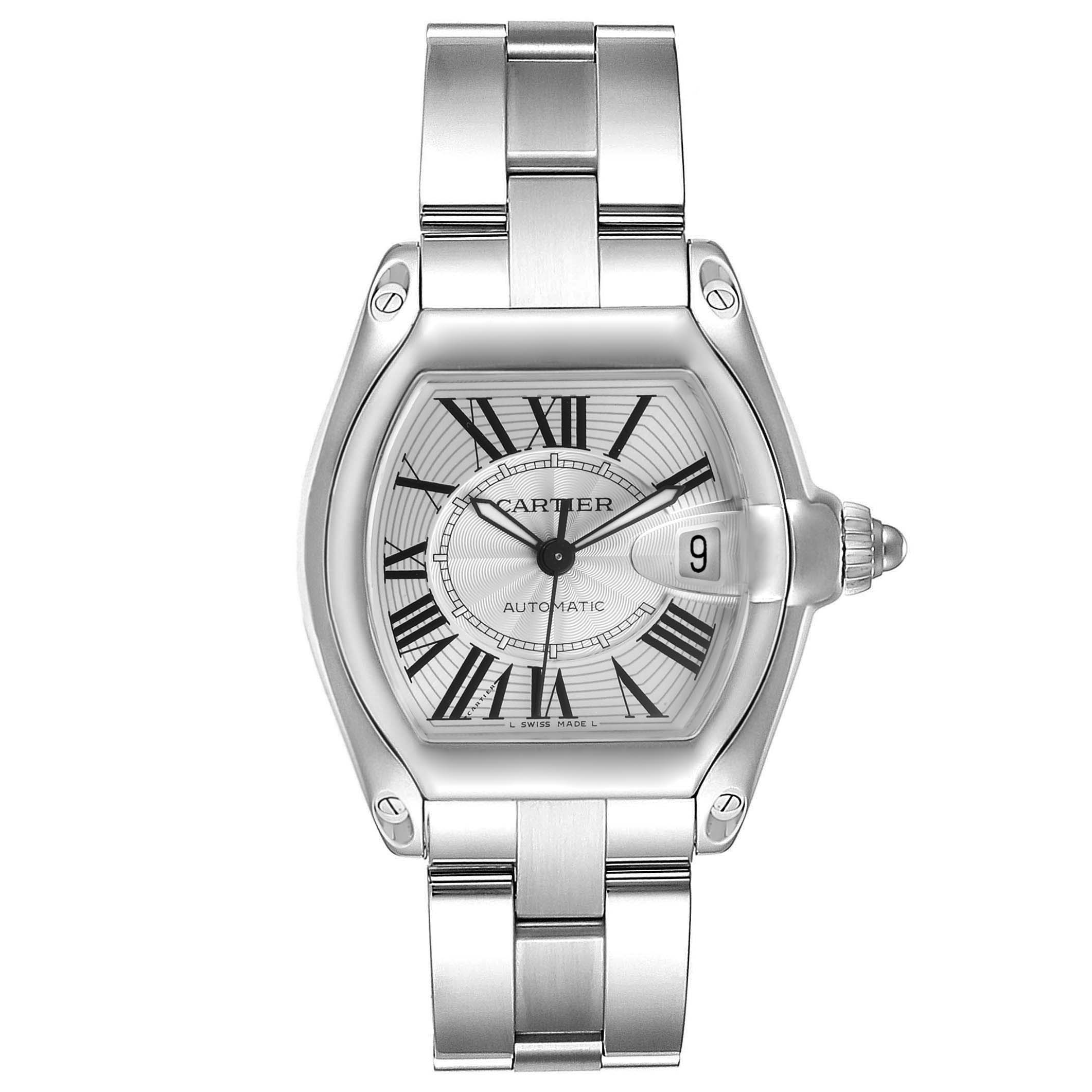This image shows a front view of the Cartier Roadster W62025V3 Men
s Stainless Steel Silver Dial W62025V3 Men
s Stainless Steel Silver Dial watch, displaying its dial, case, crown, and bracelet.