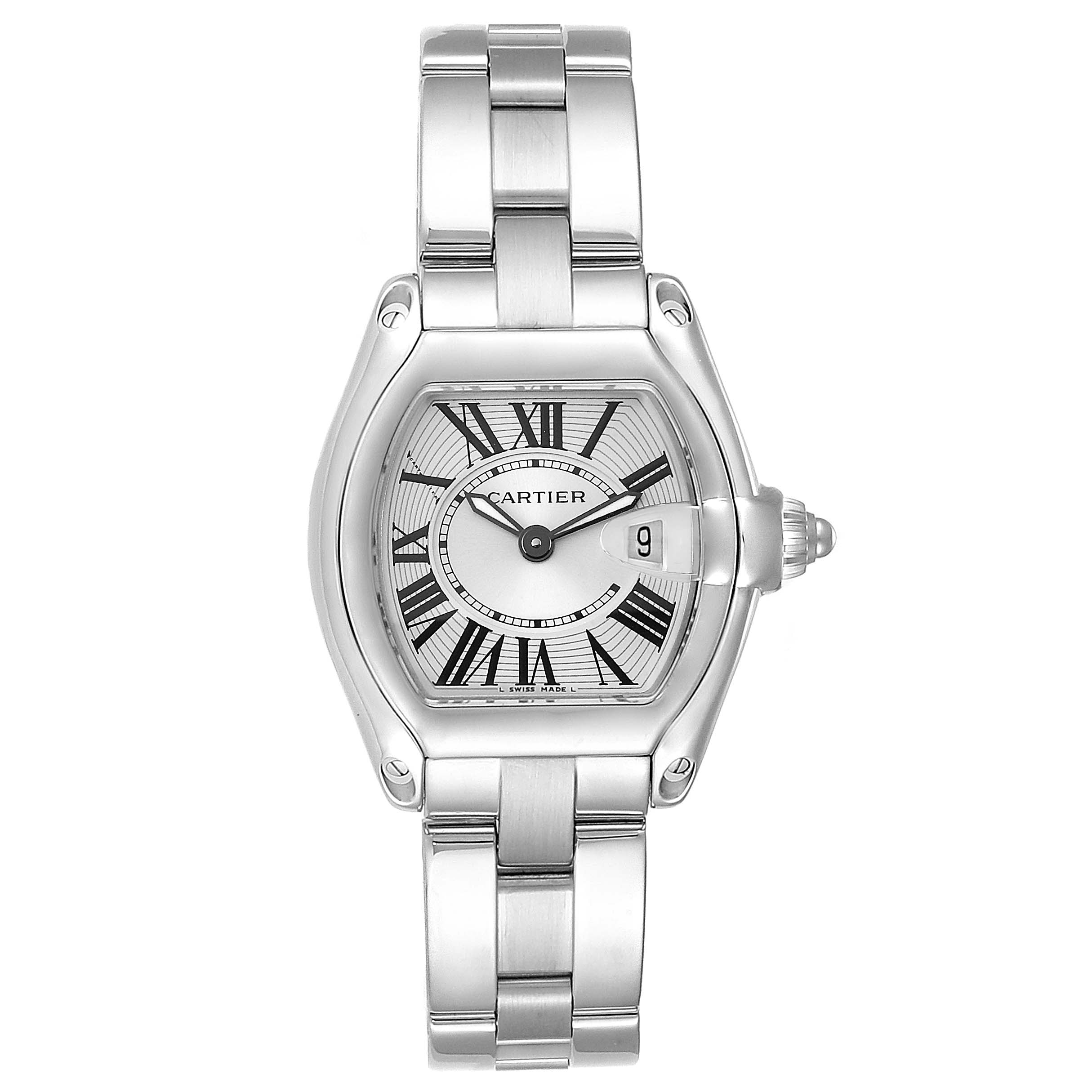 The Cartier Roadster W62016V3 Women
s Stainless Steel Silver Dial W62016V3 Women
s Stainless Steel Silver Dial watch is shown from a top-down angle, highlighting the face, bracelet, and crown.