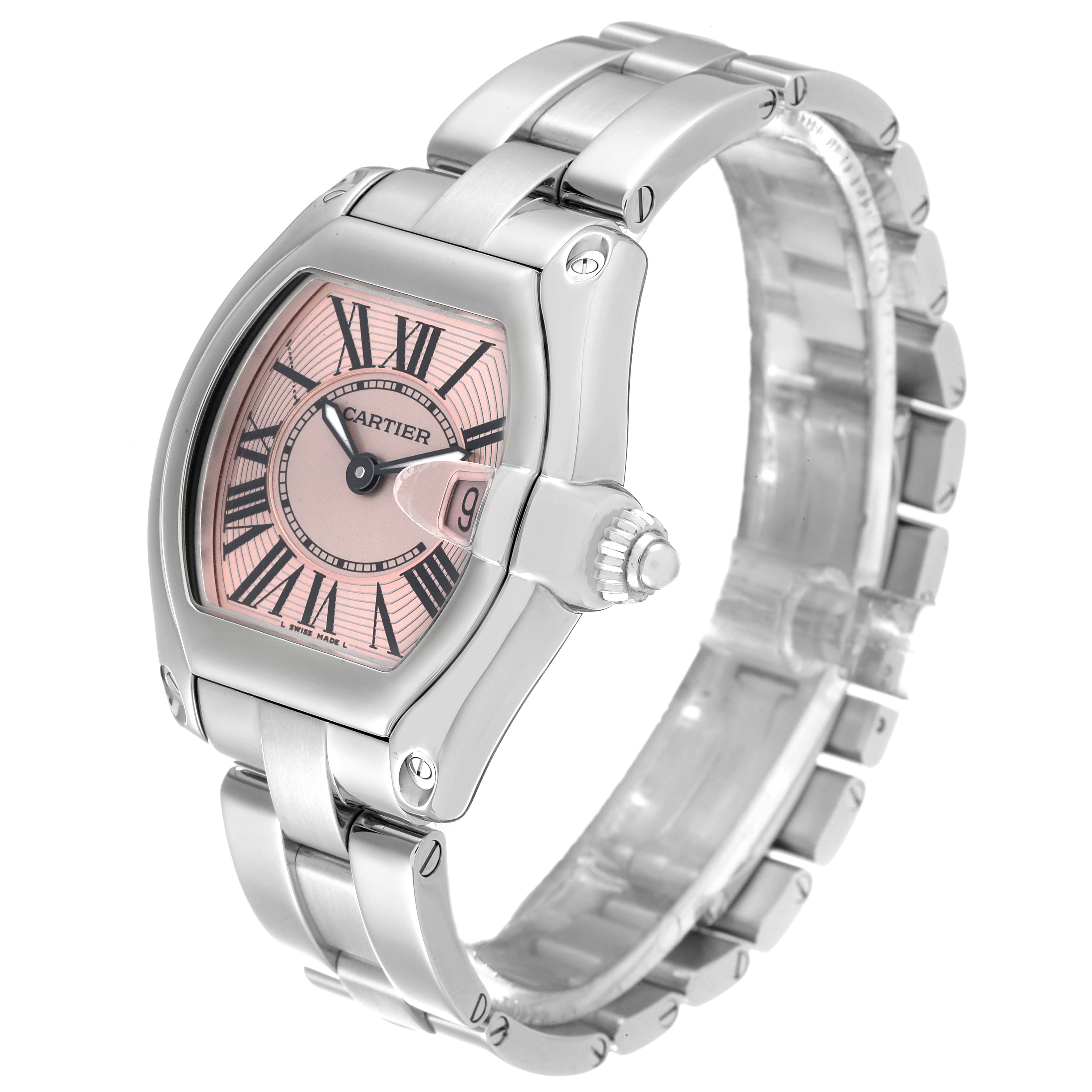 The image shows a Cartier Roadster W62017V3 Women's Stainless Steel Pink Dial W62017V3 Women's Stainless Steel Pink Dial watch at a slight angle, highlighting its face, case, crown, and metal bracelet.