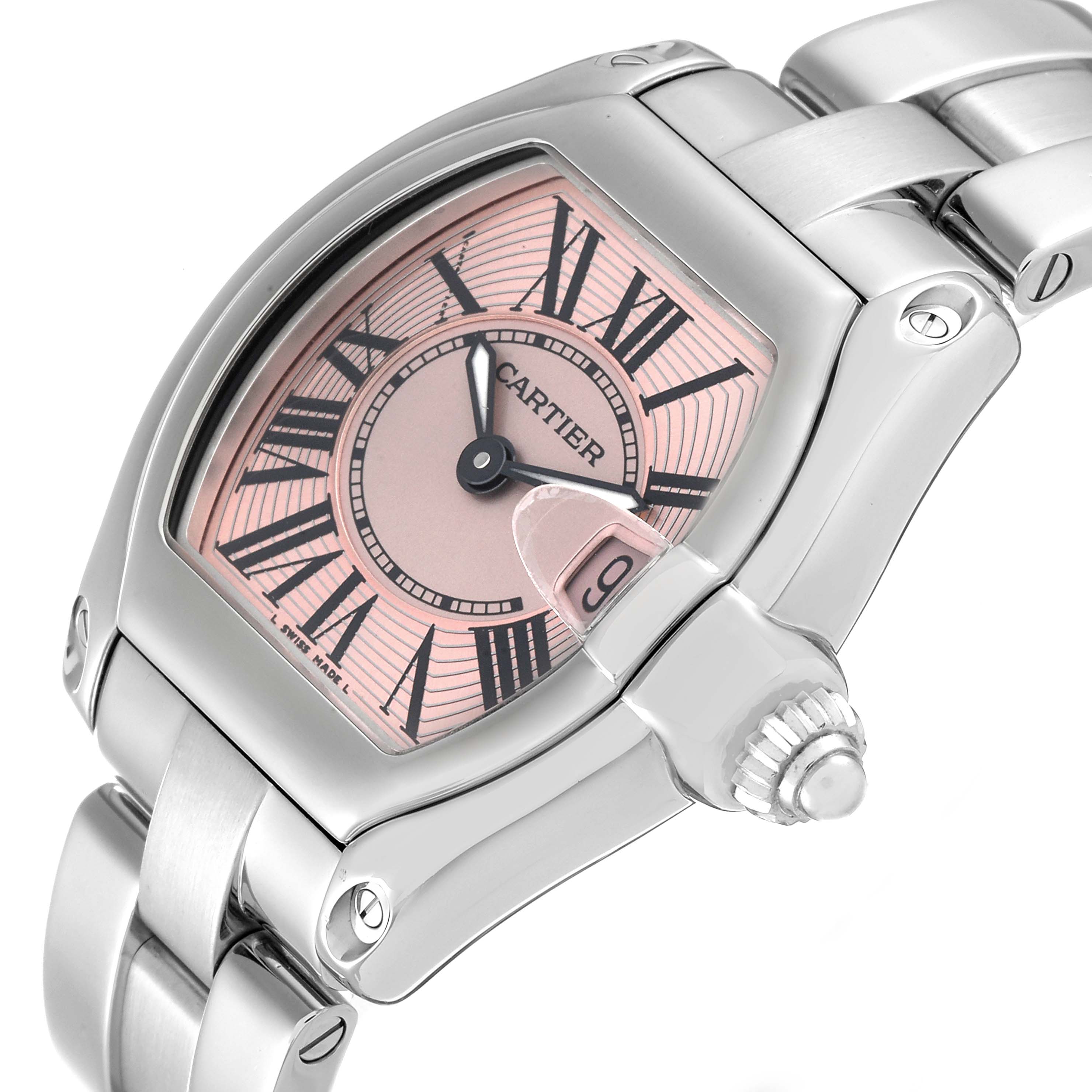 The image shows a close-up angled view of the Cartier Roadster W62017V3 Women's Stainless Steel Pink Dial W62017V3 Women's Stainless Steel Pink Dial watch, highlighting its face, bezel, and part of the bracelet.