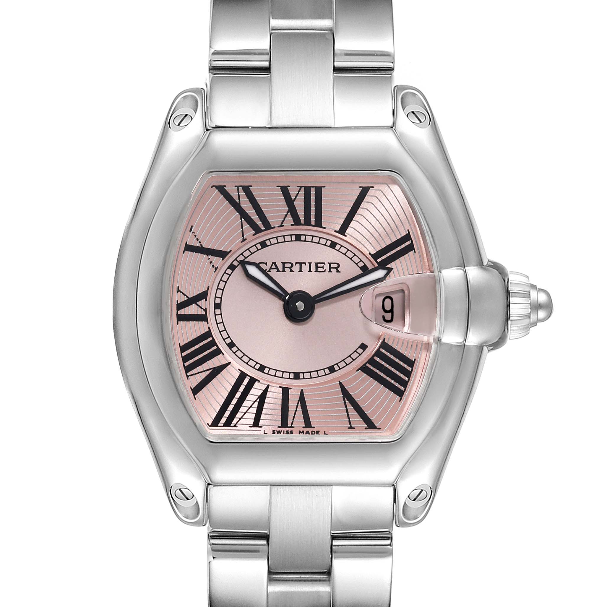This image shows a front view of a Cartier Roadster W62017V3 Women's Stainless Steel Pink Dial W62017V3 Women's Stainless Steel Pink Dial watch, highlighting the dial, bezel, bracelet, and crown.
