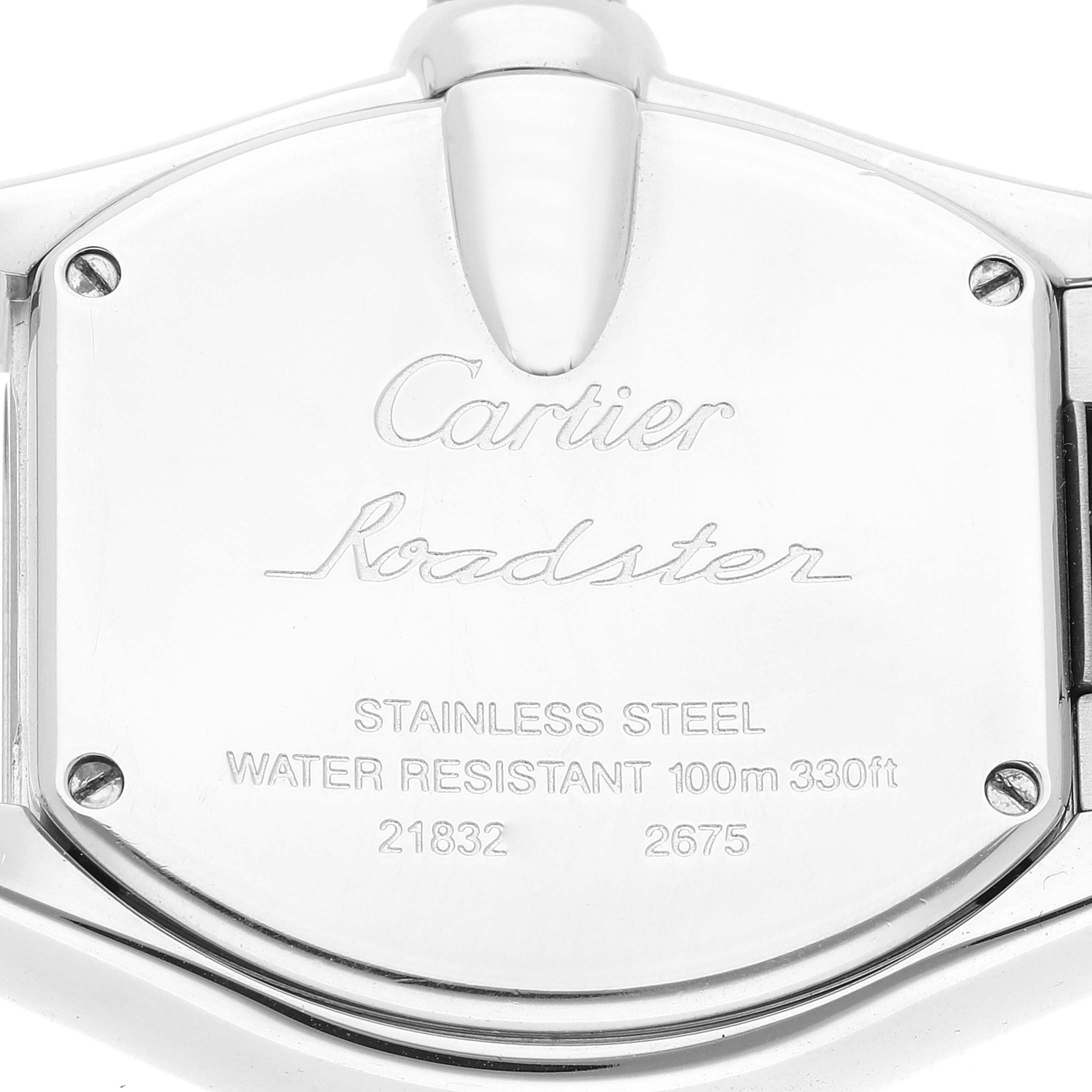 The image shows the stainless steel case back and engravings of a Cartier Roadster W62017V3 Women's Stainless Steel Pink Dial W62017V3 Women's Stainless Steel Pink Dial watch.