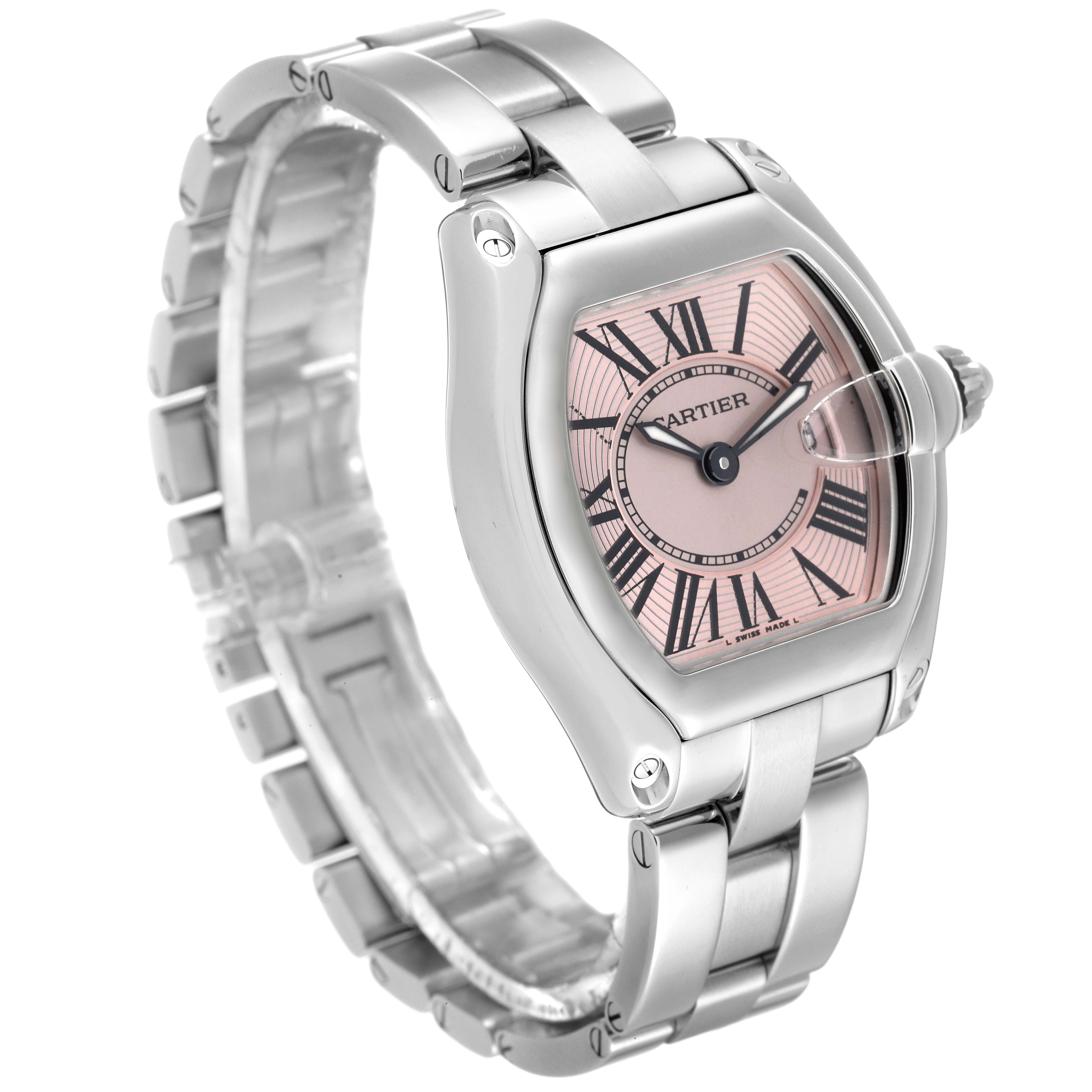The image shows a Cartier Roadster W62017V3 Women's Stainless Steel Pink Dial W62017V3 Women's Stainless Steel Pink Dial watch from a three-quarter angle, featuring the face and metal bracelet.