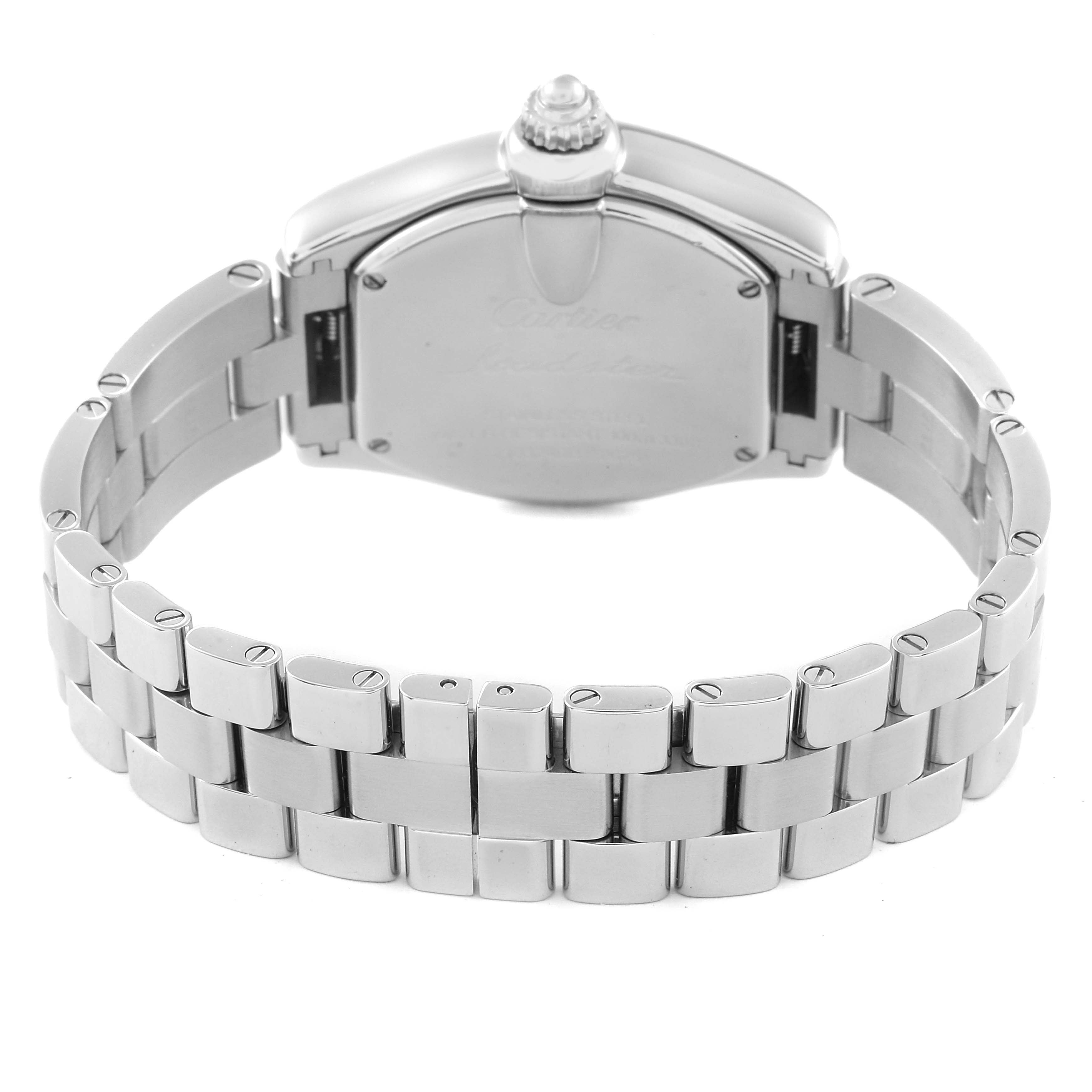 This image shows the back view, case, and bracelet of the Cartier Roadster W62017V3 Women's Stainless Steel Pink Dial W62017V3 Women's Stainless Steel Pink Dial model watch.