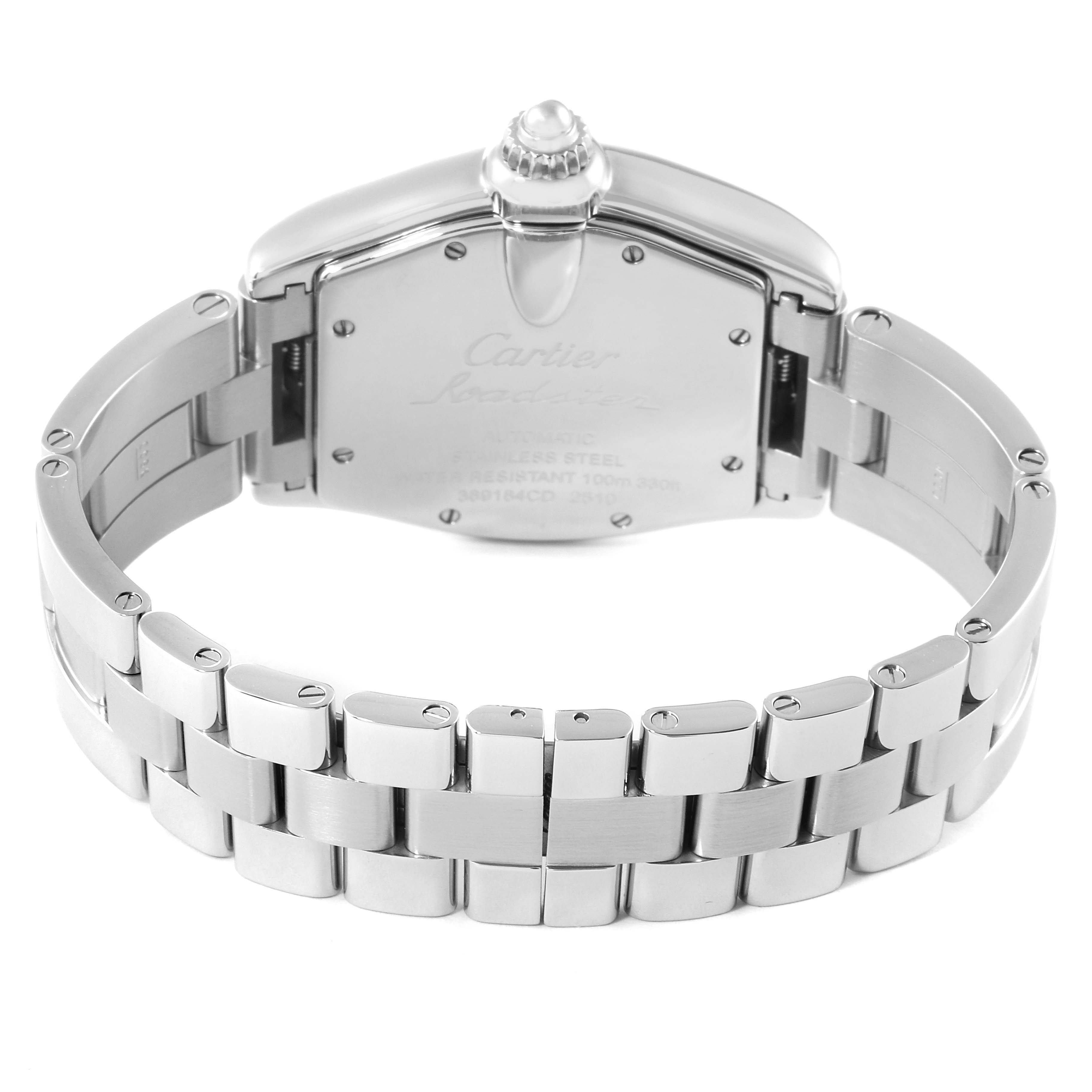 The image shows the back and bracelet of a Cartier Roadster W62002V3 Men's Stainless Steel Black Dial W62002V3 Men's Stainless Steel Black Dial watch, highlighting the stainless steel clasp and links.