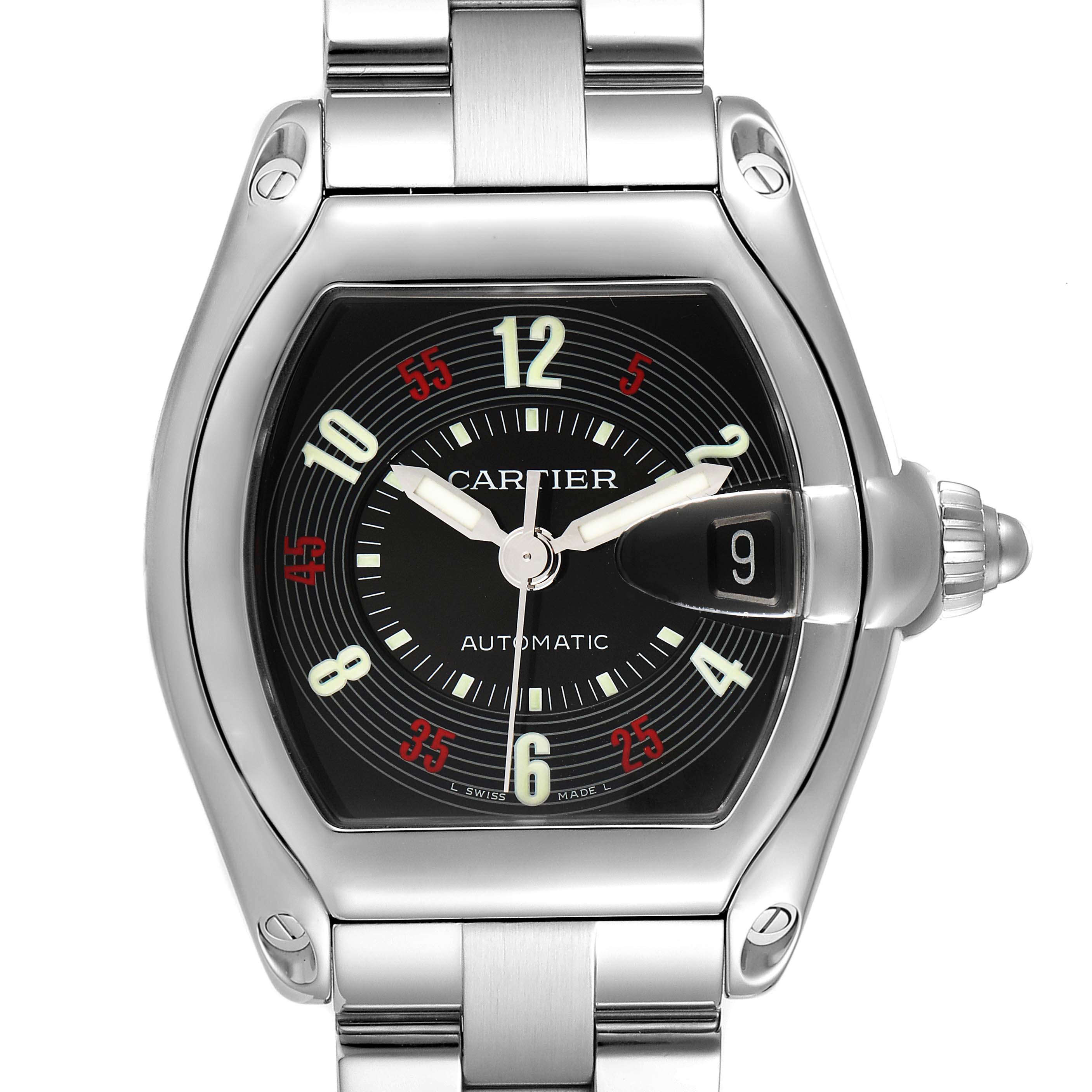 The Cartier Roadster W62002V3 Men's Stainless Steel Black Dial W62002V3 Men's Stainless Steel Black Dial watch is shown from a front view, displaying its dial, case, crown, and part of the bracelet.