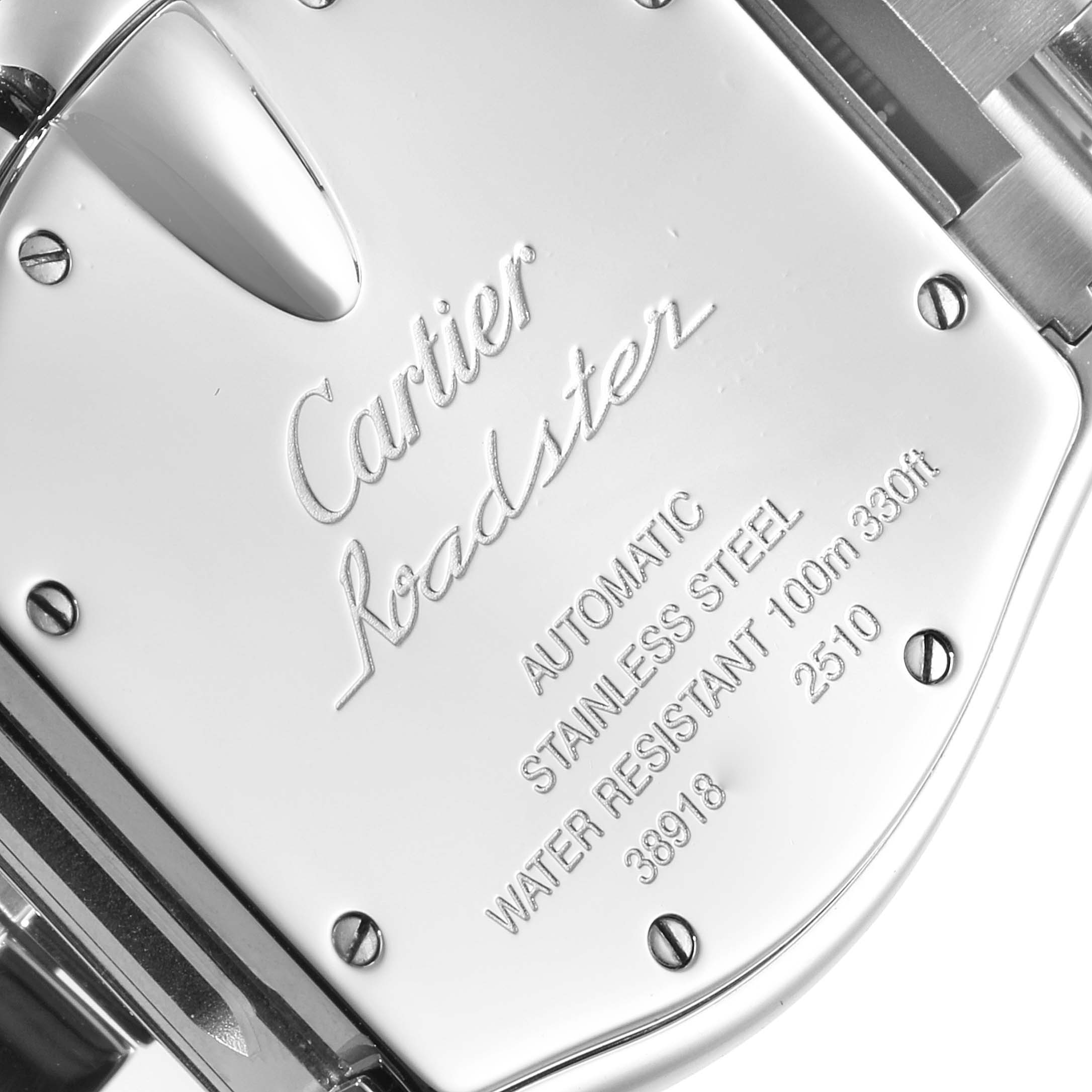 This image shows the back case of a Cartier Roadster W62002V3 Men's Stainless Steel Black Dial W62002V3 Men's Stainless Steel Black Dial watch, highlighting its specifications and brand engraving.