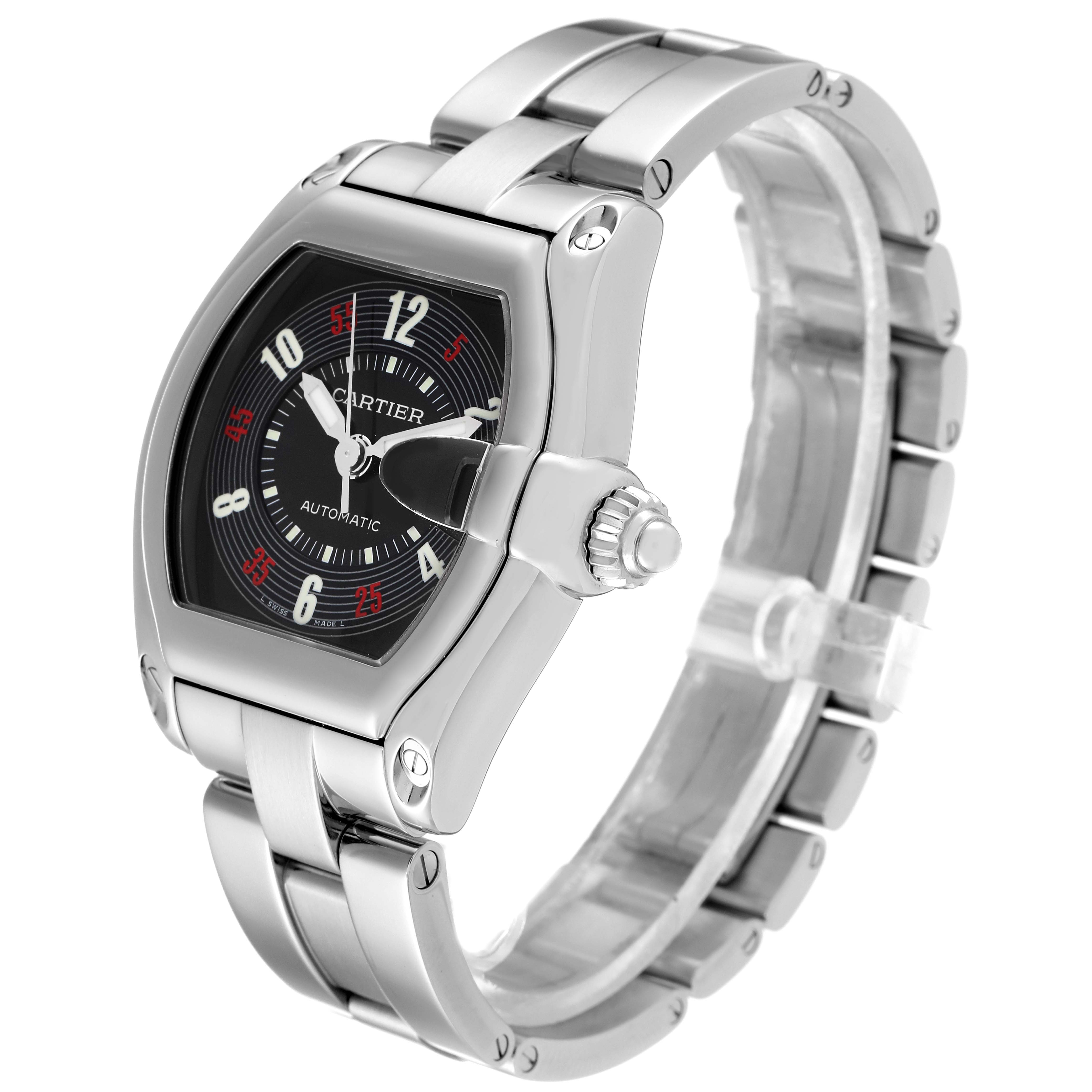 The Cartier Roadster W62002V3 Men's Stainless Steel Black Dial W62002V3 Men's Stainless Steel Black Dial watch is shown from an angle highlighting the face, crown, and metal bracelet.