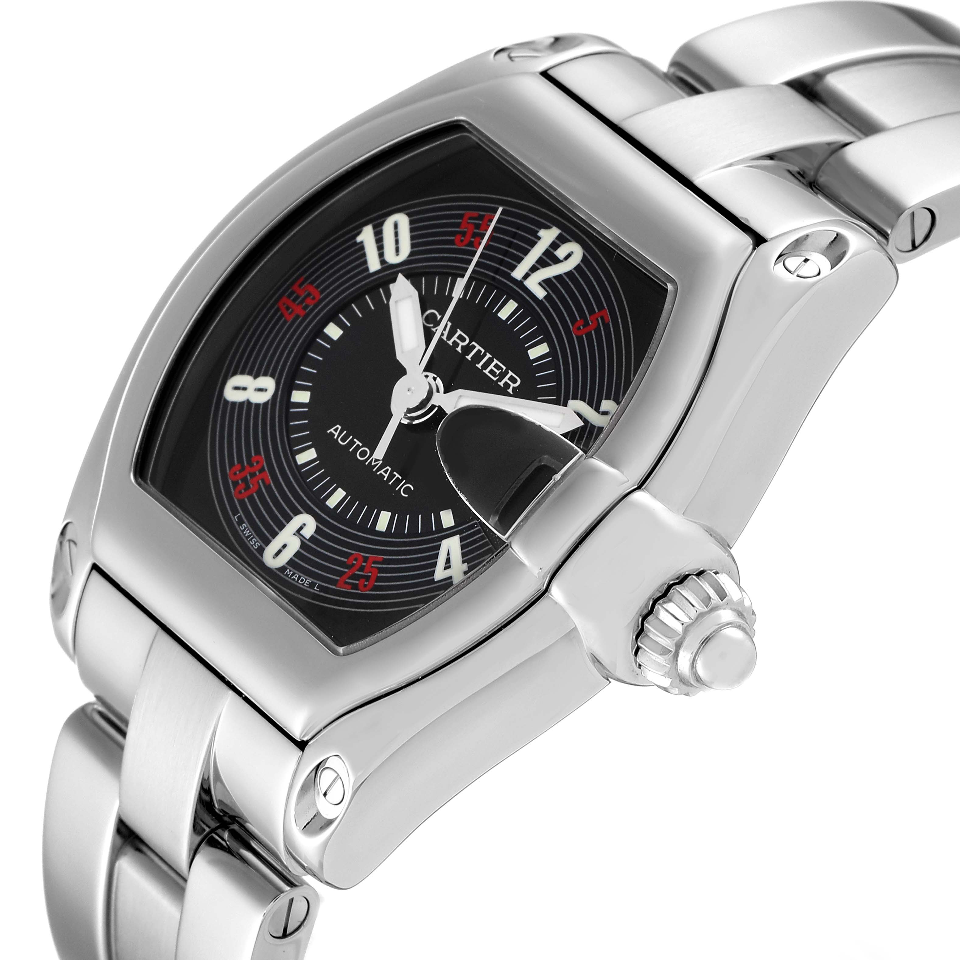 The image shows a close-up angle of the Cartier Roadster W62002V3 Men's Stainless Steel Black Dial W62002V3 Men's Stainless Steel Black Dial watch, focusing on the dial, bezel, crown, and part of the bracelet.