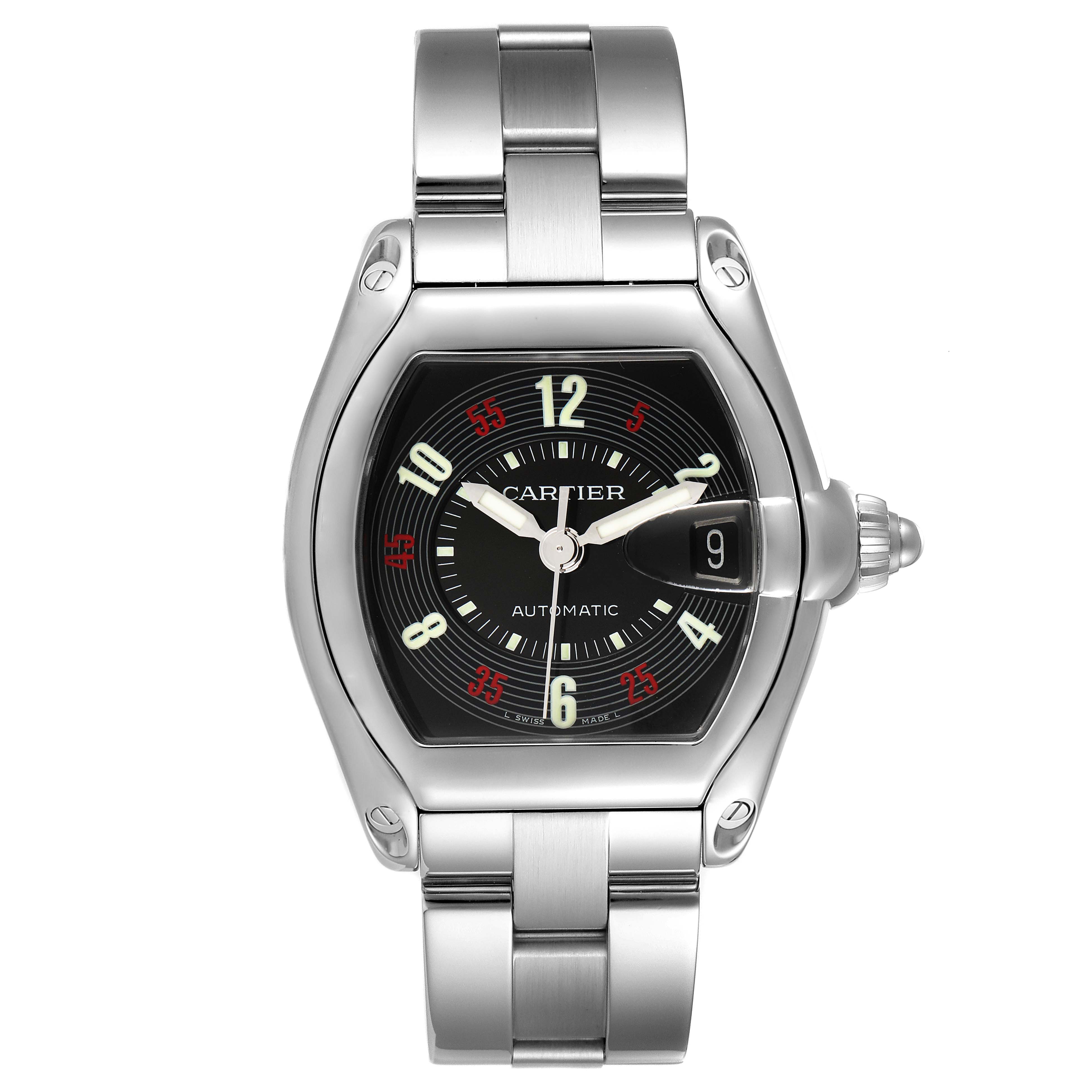This image shows a front view of the Cartier Roadster W62002V3 Men's Stainless Steel Black Dial W62002V3 Men's Stainless Steel Black Dial watch, displaying the dial, hands, date window, and stainless steel bracelet.