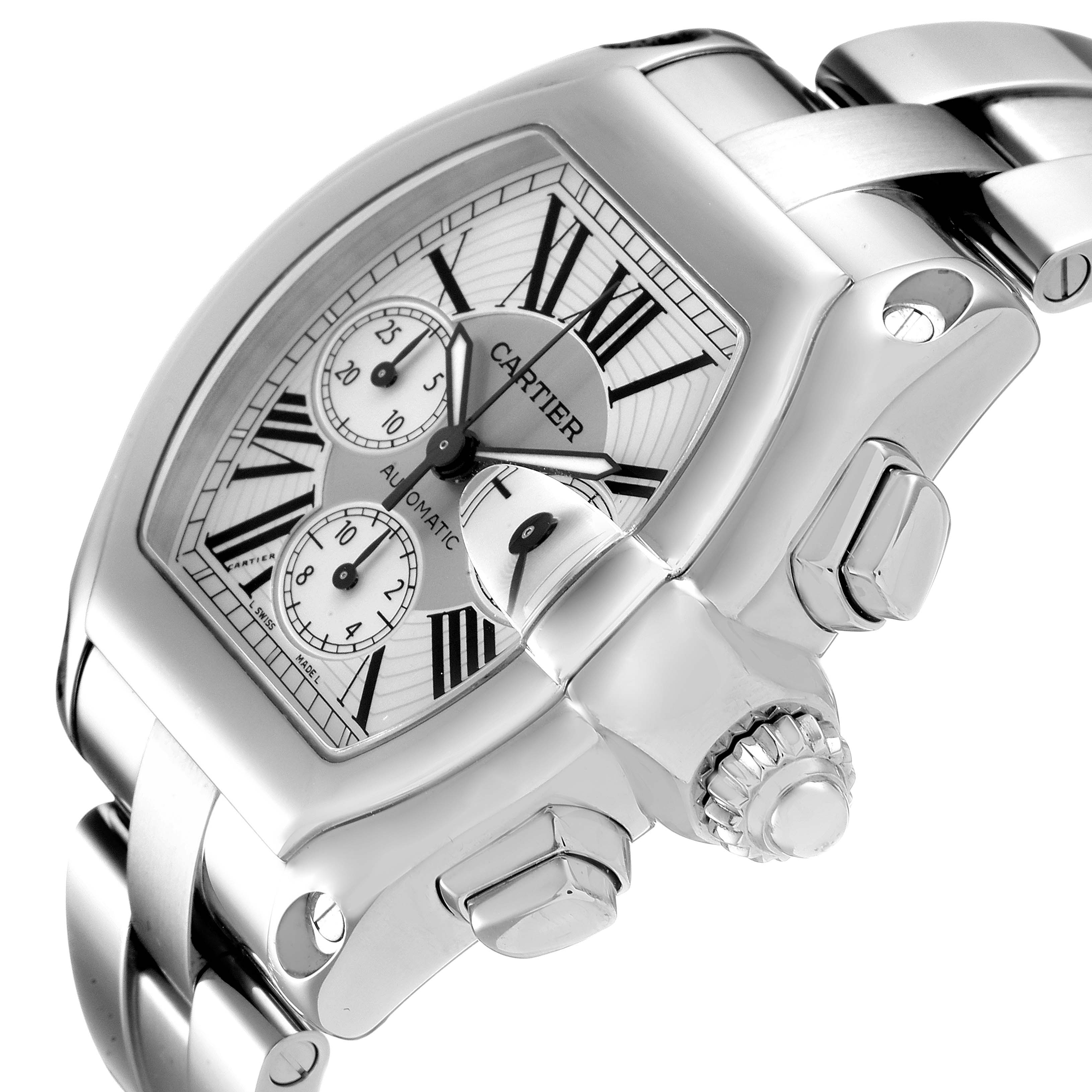 This image shows a Cartier Roadster W62019X6 Men's Stainless Steel Silver Dial W62019X6 Men's Stainless Steel Silver Dial watch at a slight angle, displaying its face, crown, and part of the bracelet.