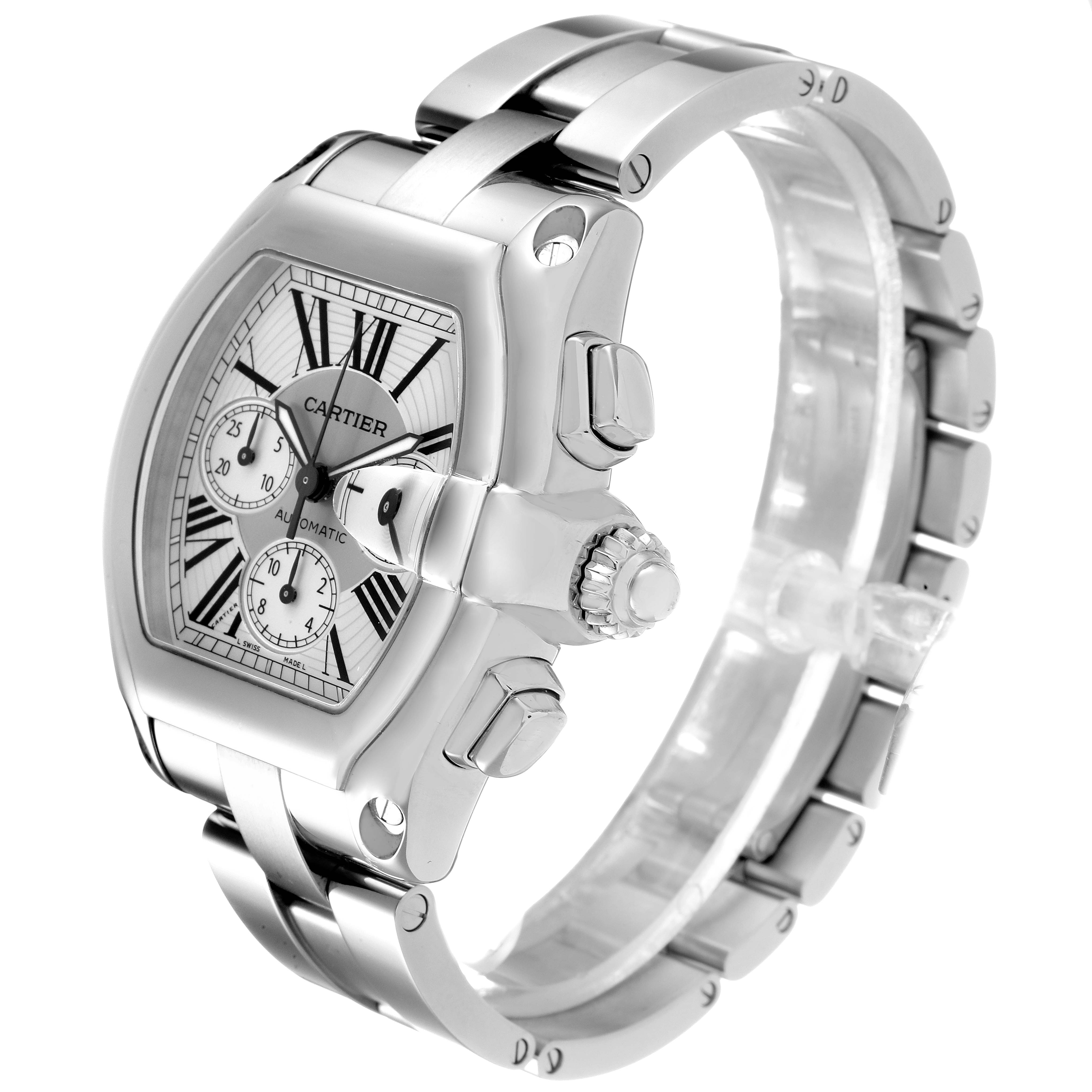 The image shows a Cartier Roadster W62019X6 Men's Stainless Steel Silver Dial W62019X6 Men's Stainless Steel Silver Dial watch from an angled perspective highlighting the face, bezel, crown, and bracelet.