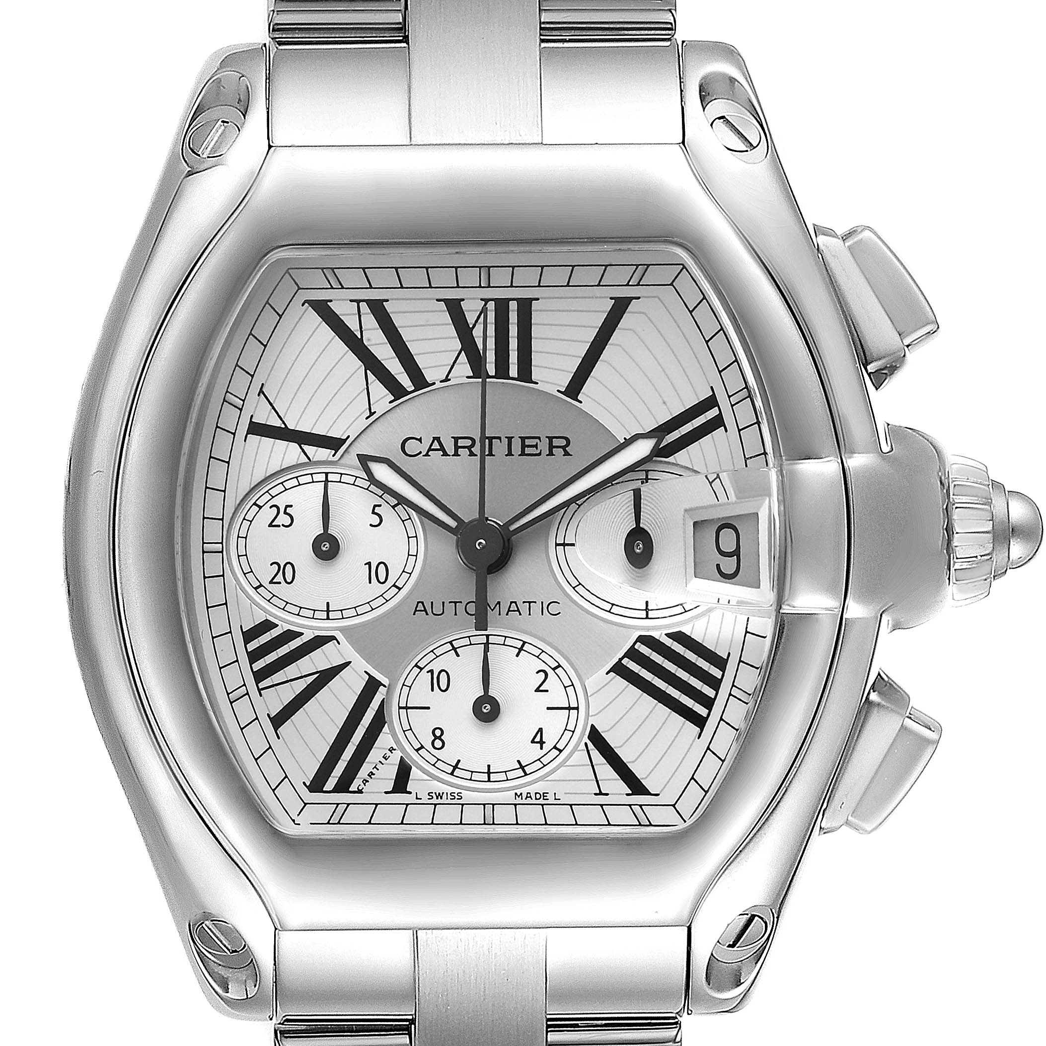 The image shows a Cartier Roadster W62019X6 Men's Stainless Steel Silver Dial W62019X6 Men's Stainless Steel Silver Dial watch front view, displaying the face, chronograph, date window, and part of the bracelet.