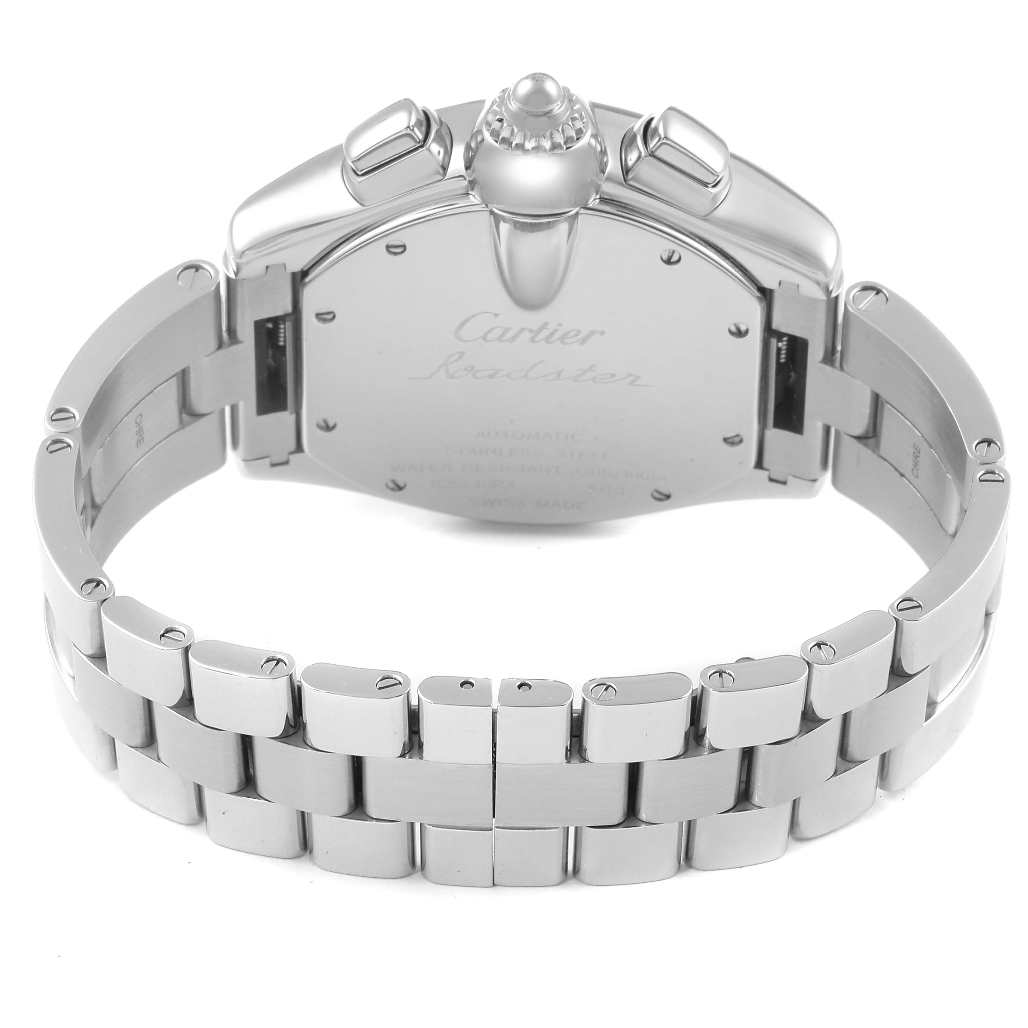 The image shows the back view of a Cartier Roadster W62019X6 Men's Stainless Steel Silver Dial W62019X6 Men's Stainless Steel Silver Dial watch, prominently displaying the bracelet and case back.
