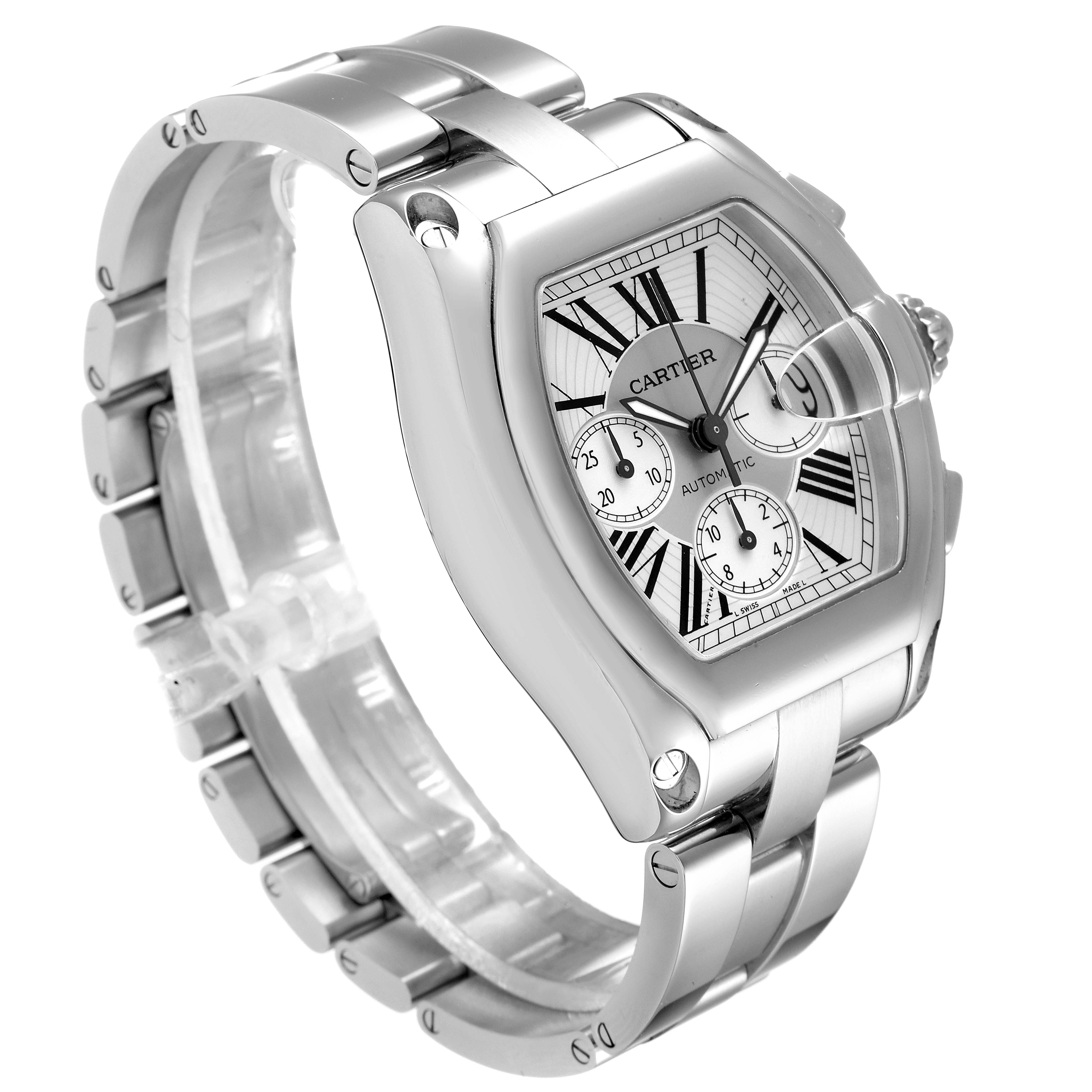 The image shows a side and angled view of a Cartier Roadster W62019X6 Men's Stainless Steel Silver Dial W62019X6 Men's Stainless Steel Silver Dial watch, highlighting the face, crown, and a portion of the bracelet.