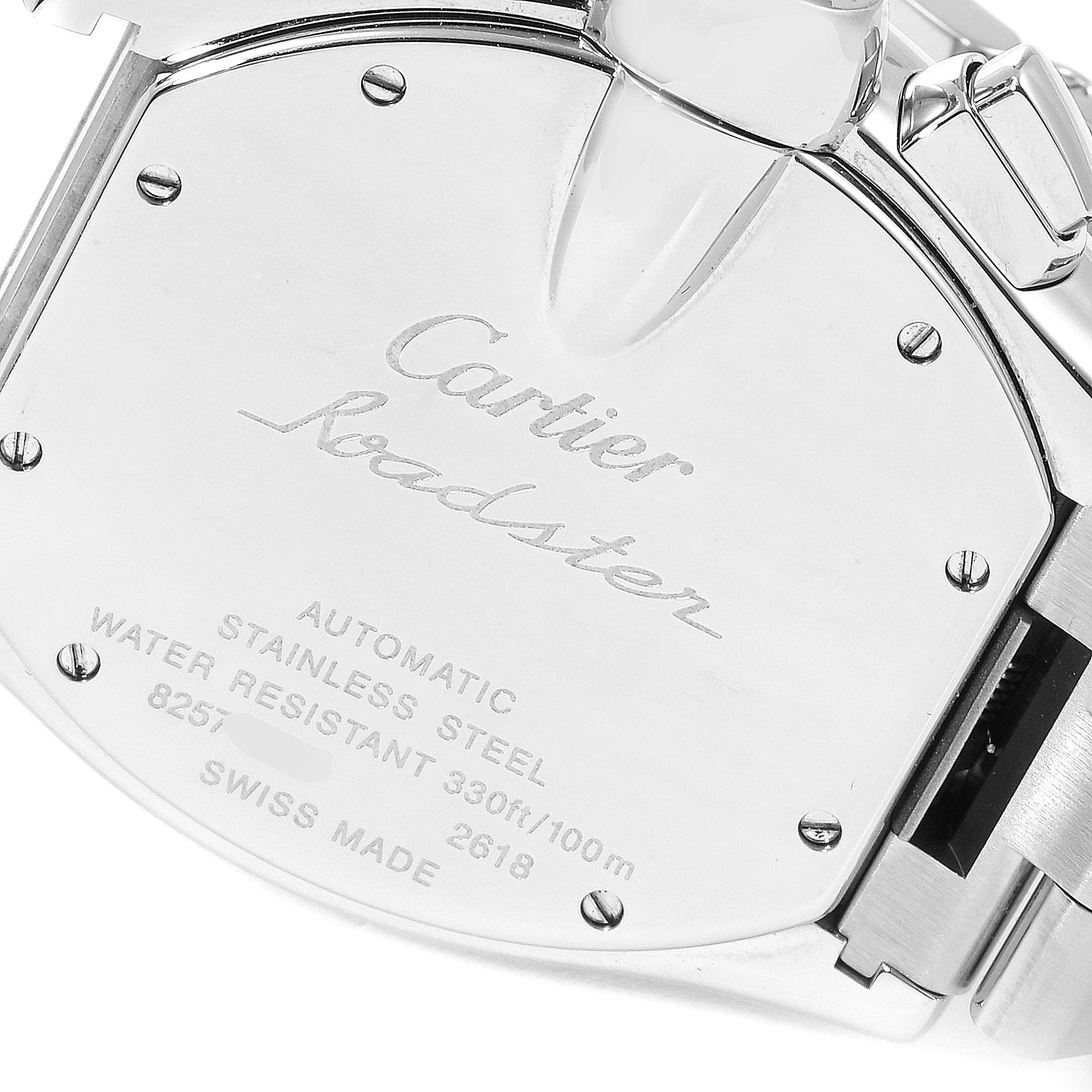 This image shows the back case of the Cartier Roadster W62019X6 Men's Stainless Steel Silver Dial W62019X6 Men's Stainless Steel Silver Dial watch, highlighting the engraved details and part of the bracelet.