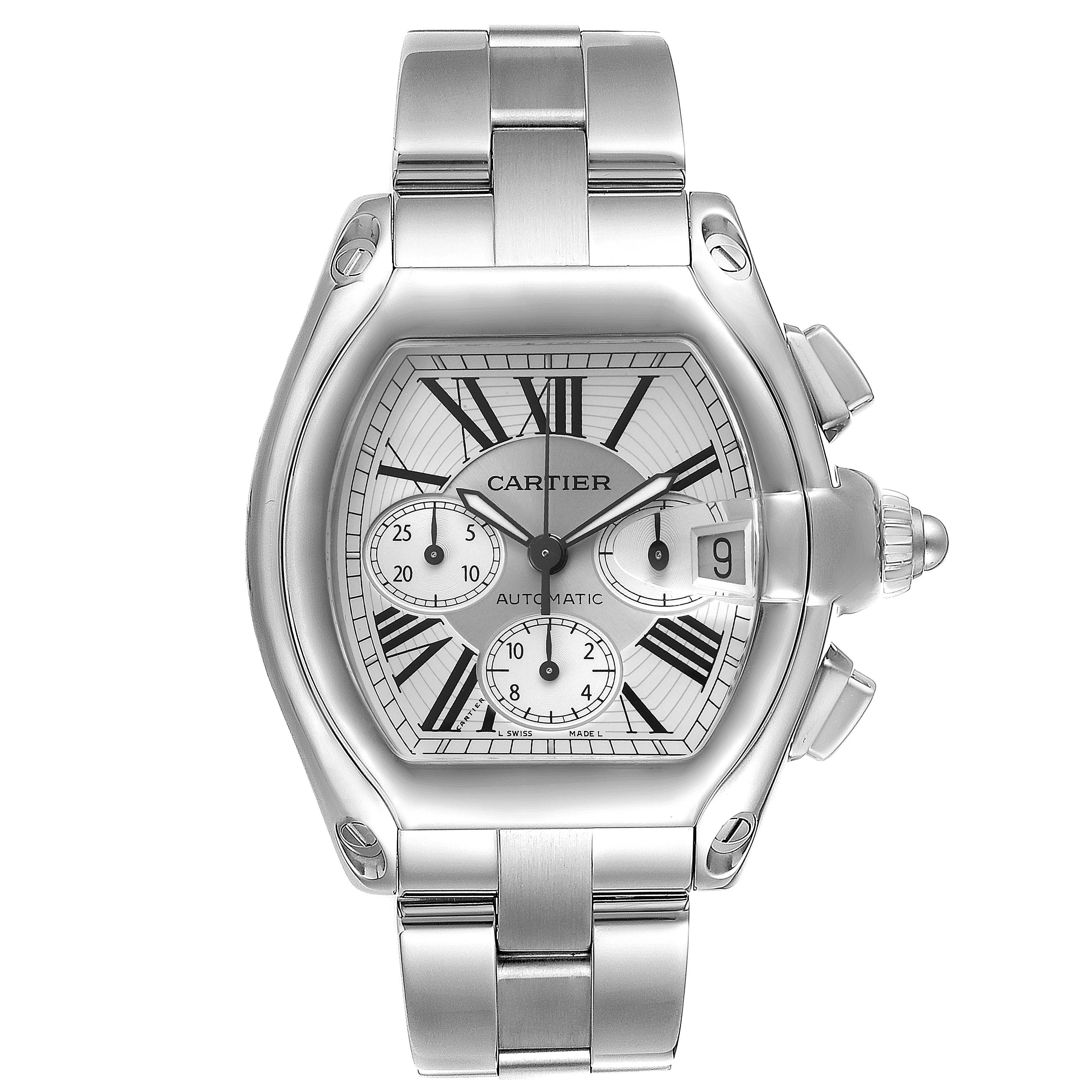 The image shows a front view of a Cartier Roadster W62019X6 Men's Stainless Steel Silver Dial W62019X6 Men's Stainless Steel Silver Dial watch, highlighting its face, chronograph dials, and metal bracelet.