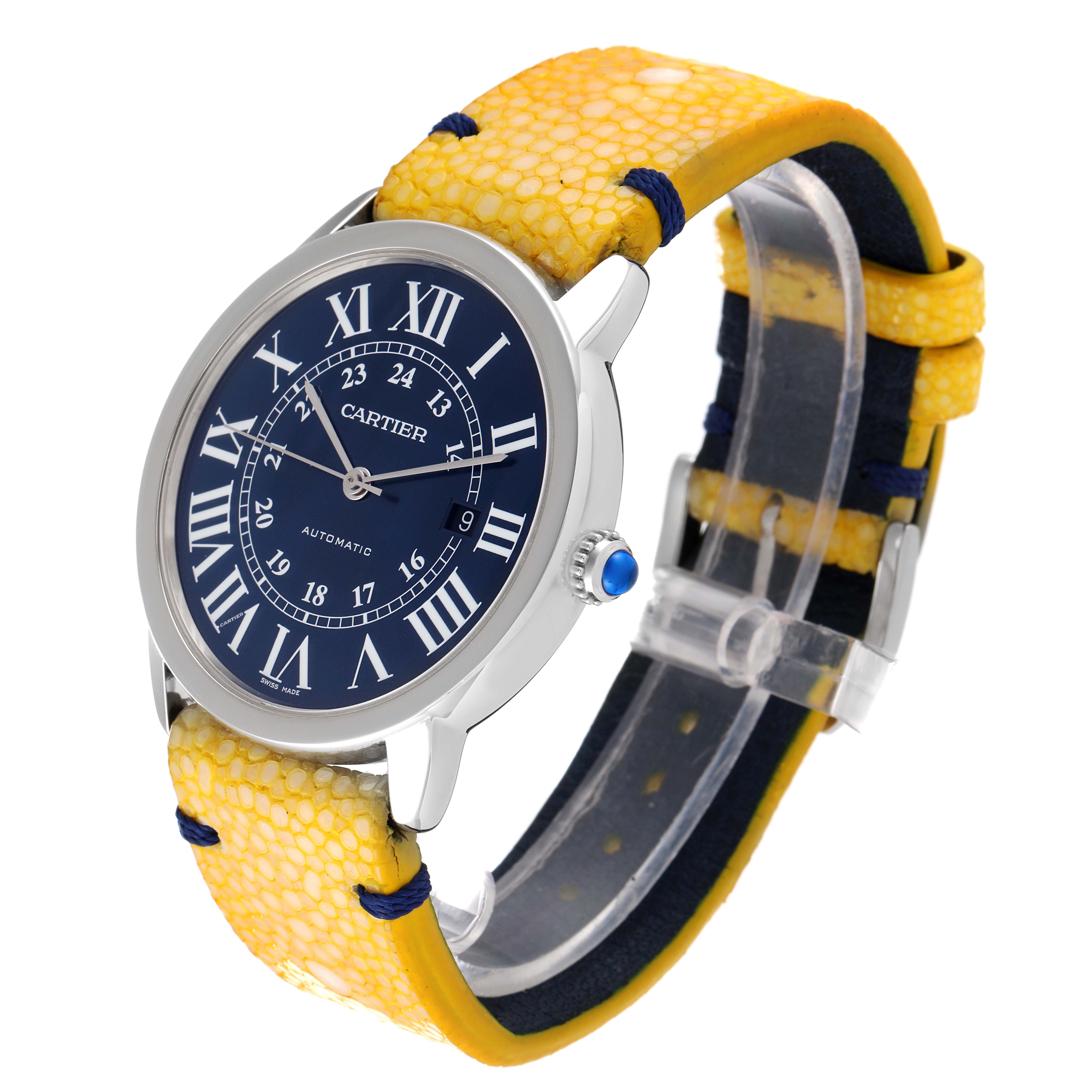 The Cartier Tank Solo WSRN0023 Men's Stainless Steel Blue Dial WSRN0023 Men's Stainless Steel Blue Dial model watch is shown at a three-quarter angle, displaying its yellow strap, blue dial, and silver casing.