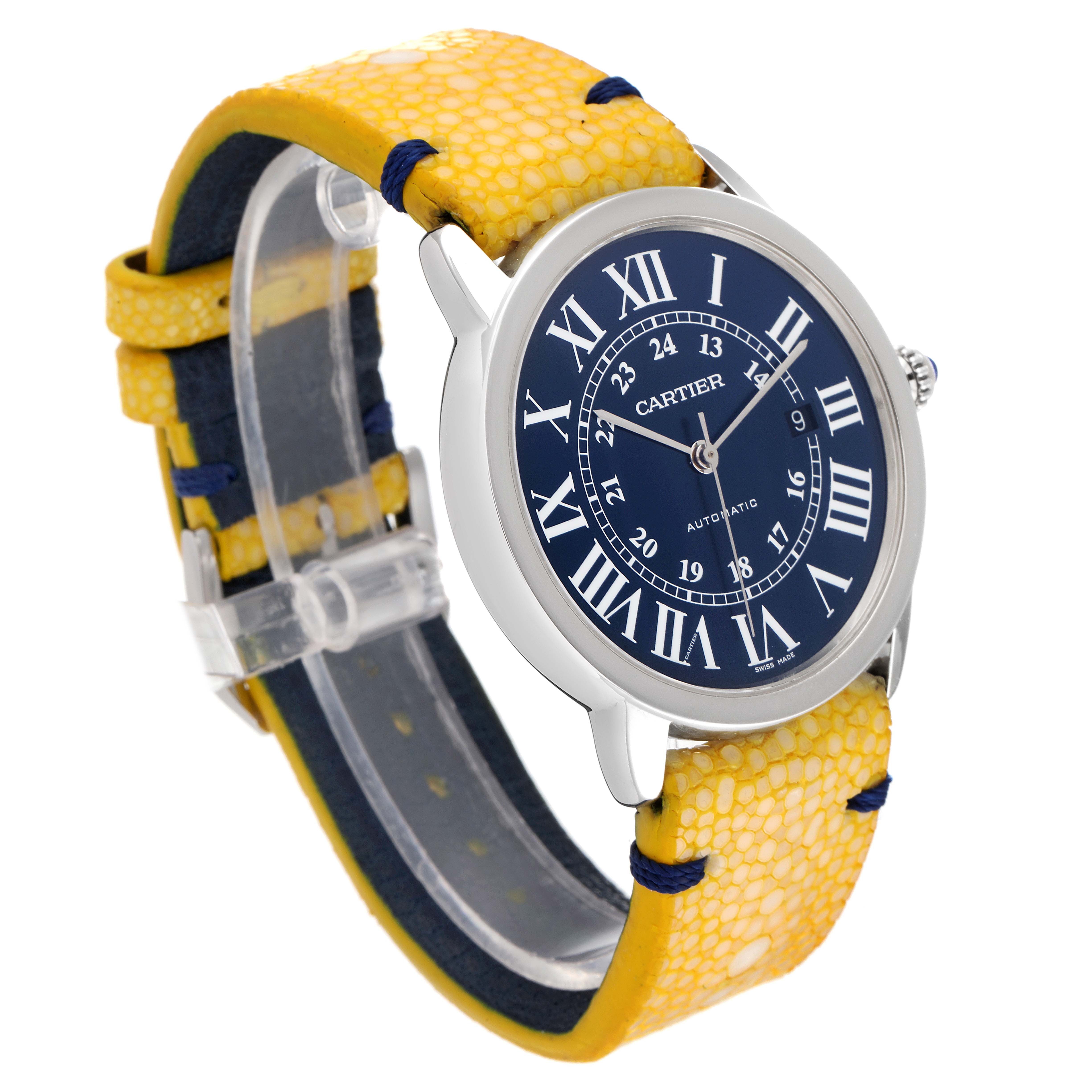 The image shows a Cartier Tank Solo WSRN0023 Men's Stainless Steel Blue Dial WSRN0023 Men's Stainless Steel Blue Dial watch at a three-quarter angle, highlighting its blue dial and yellow strap.