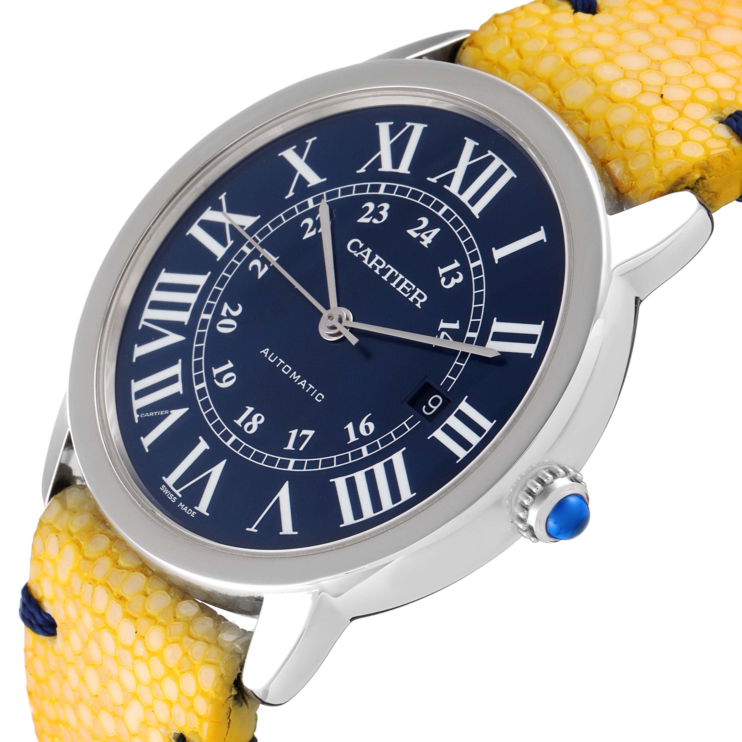 This image shows a Cartier Tank Solo WSRN0023 Men's Stainless Steel Blue Dial WSRN0023 Men's Stainless Steel Blue Dial watch at an angle highlighting its blue dial, roman numerals, and yellow strap.
