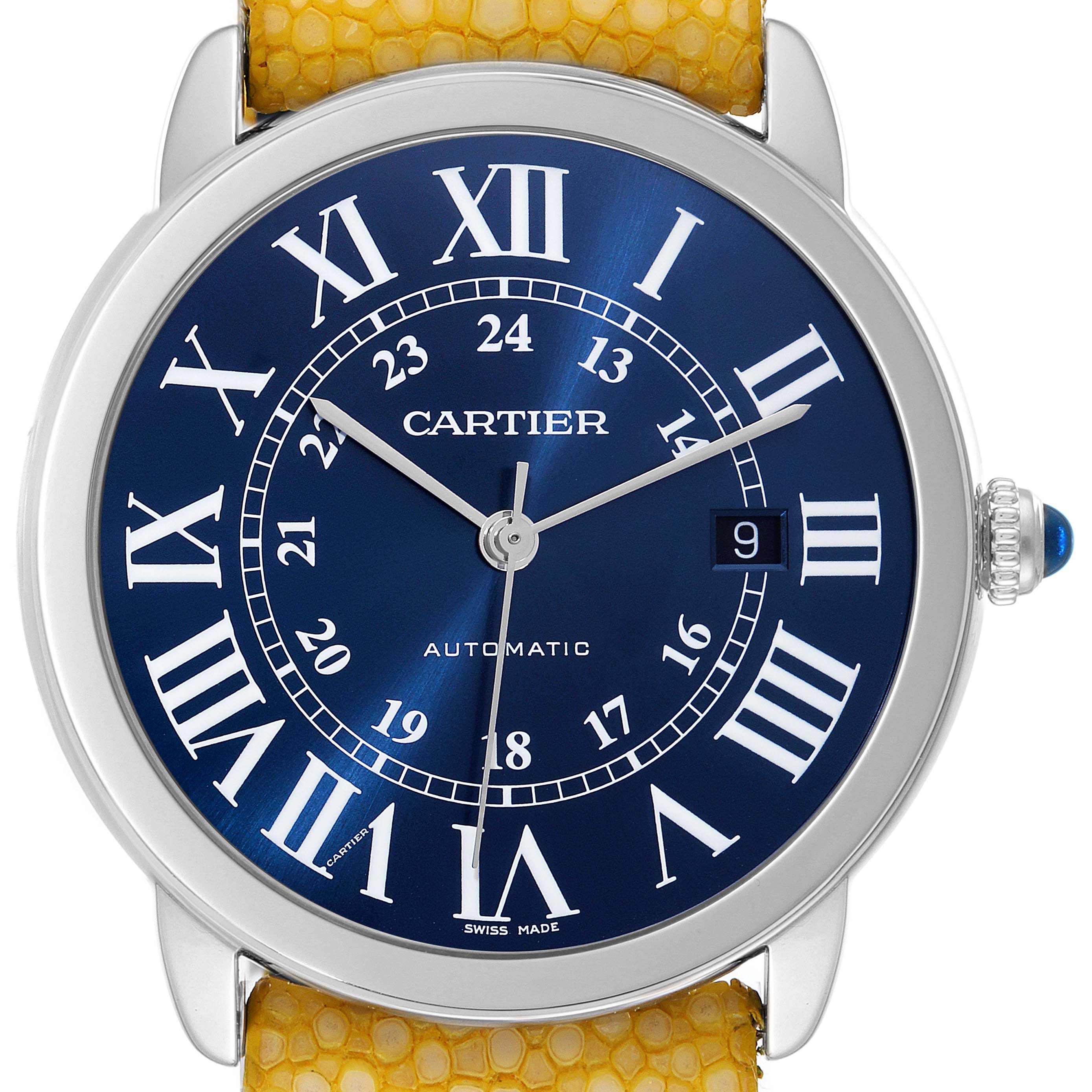 This image shows a front view of a Cartier Tank Solo WSRN0023 Men's Stainless Steel Blue Dial WSRN0023 Men's Stainless Steel Blue Dial watch face, with a blue dial and yellow leather strap.