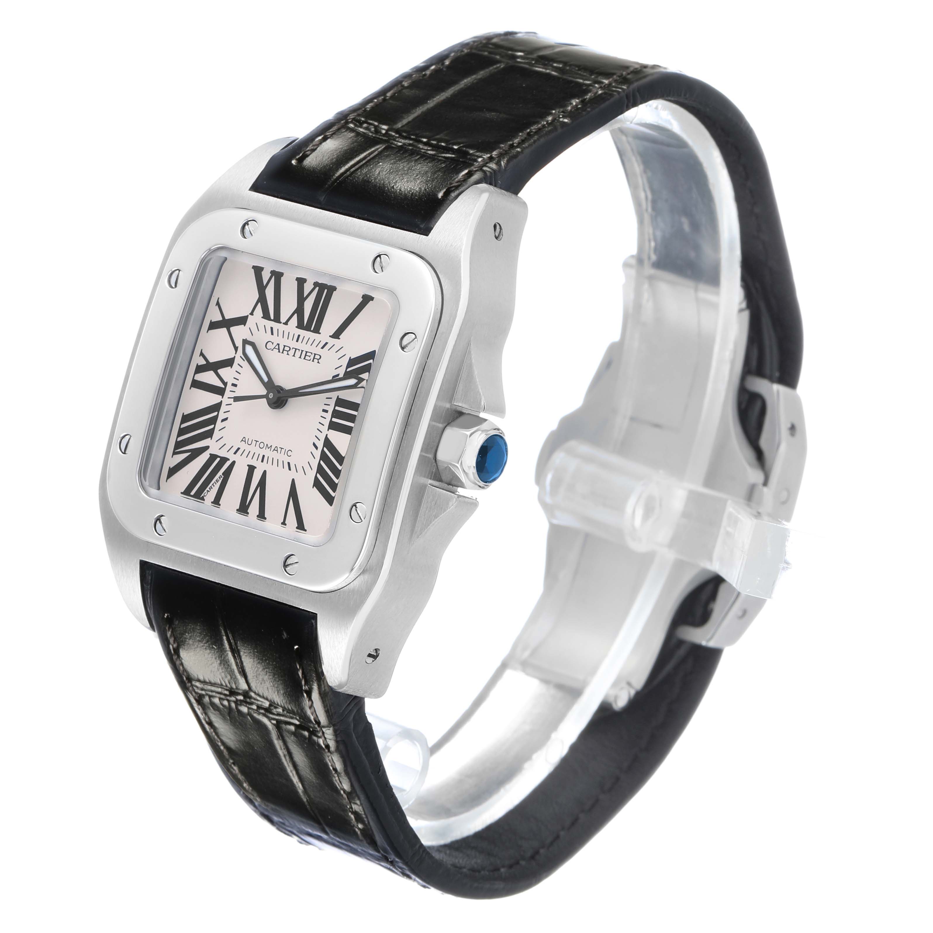 The Cartier Santos W20106X8 Men's Stainless Steel Silver Dial watch is shown at a three-quarter angle, featuring the dial, bezel, case, crown, and leather strap.