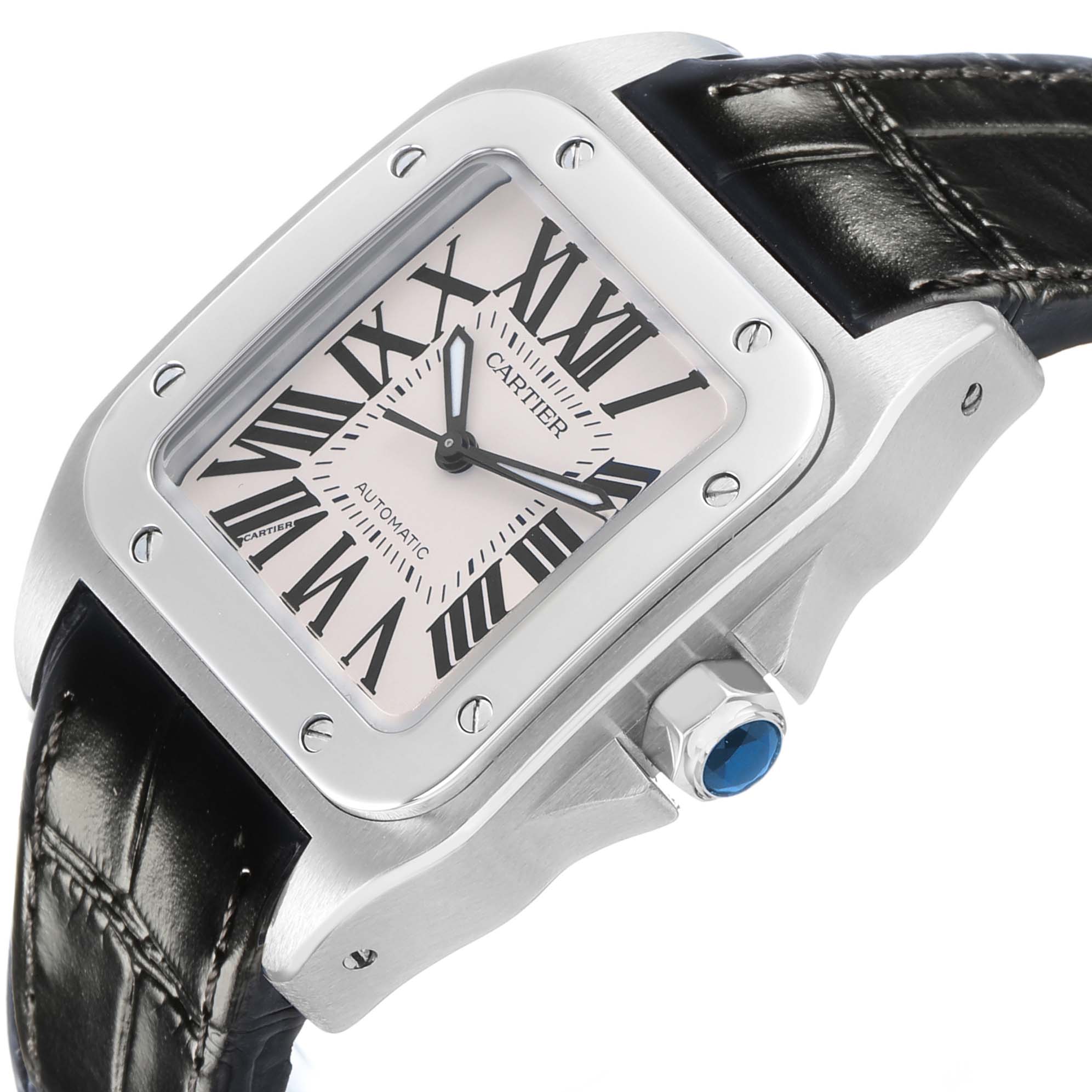 The Cartier Santos W20106X8 Men's Stainless Steel Silver Dial watch is shown from a side angle highlighting the face, bezel, crown, and part of the leather strap.