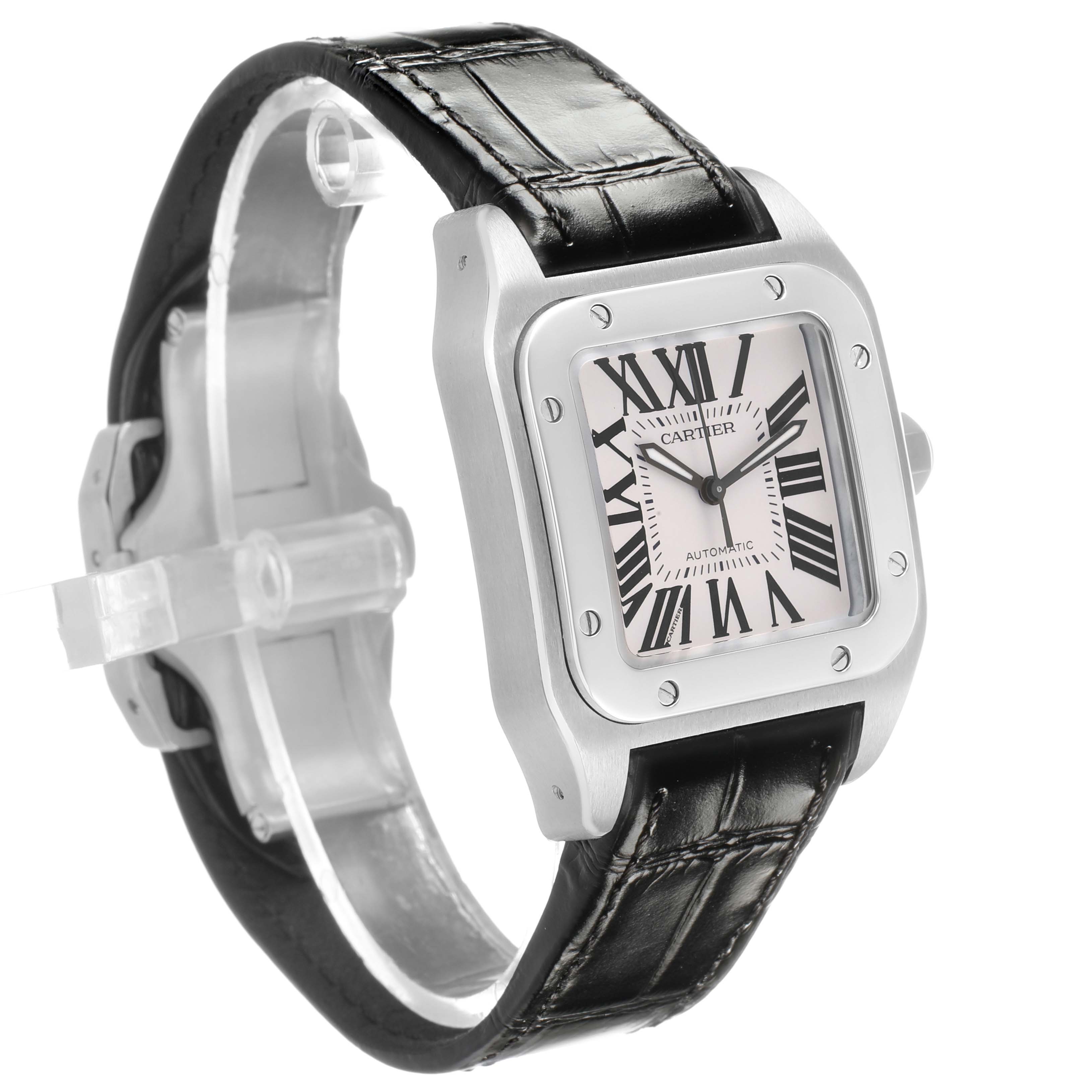 The Cartier Santos W20106X8 Men's Stainless Steel Silver Dial watch is shown at a three-quarter angle, highlighting the face, case, and black leather strap.