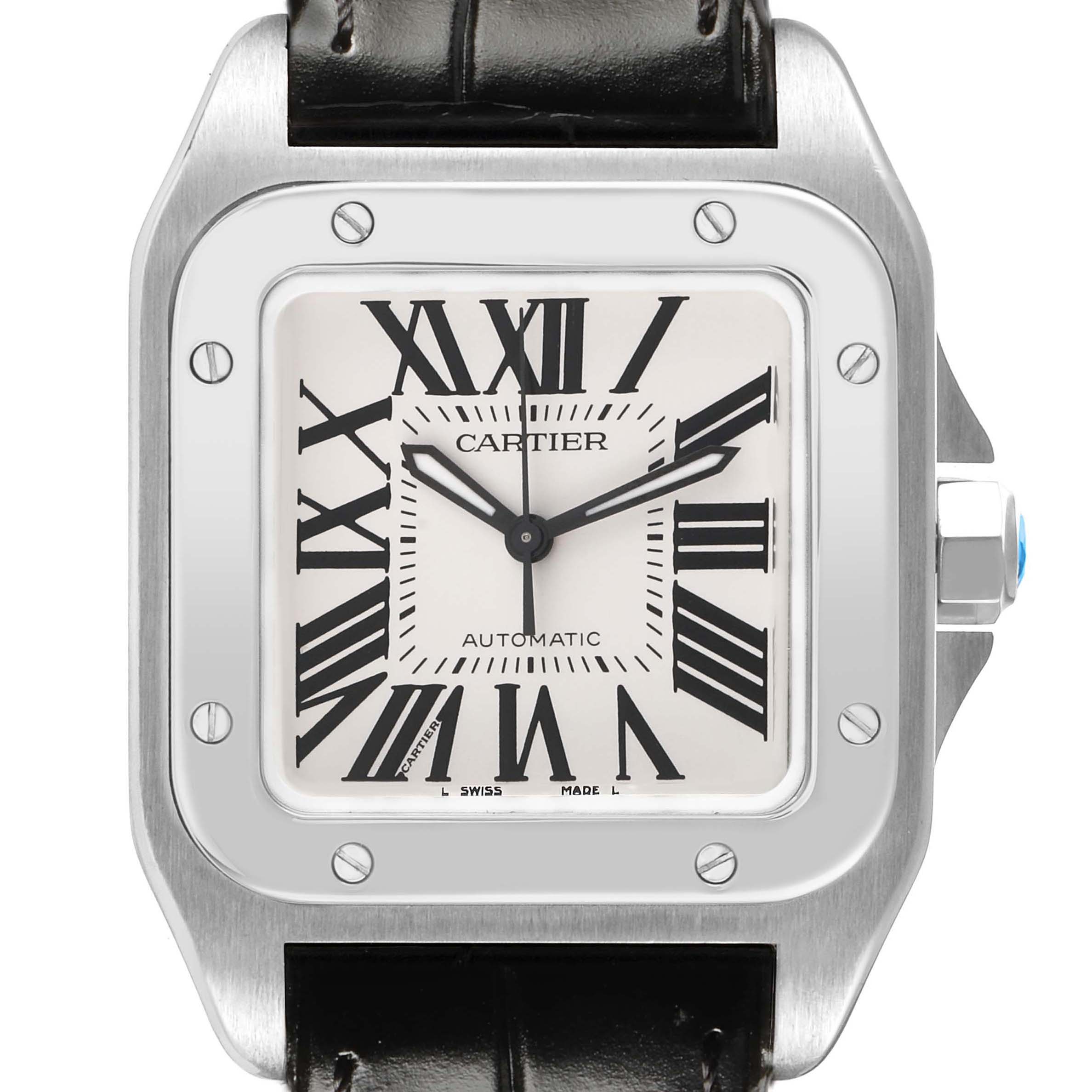 The Cartier Santos W20106X8 Men's Stainless Steel Silver Dial watch is shown from a front angle, highlighting the face, bezel, and part of the leather strap.