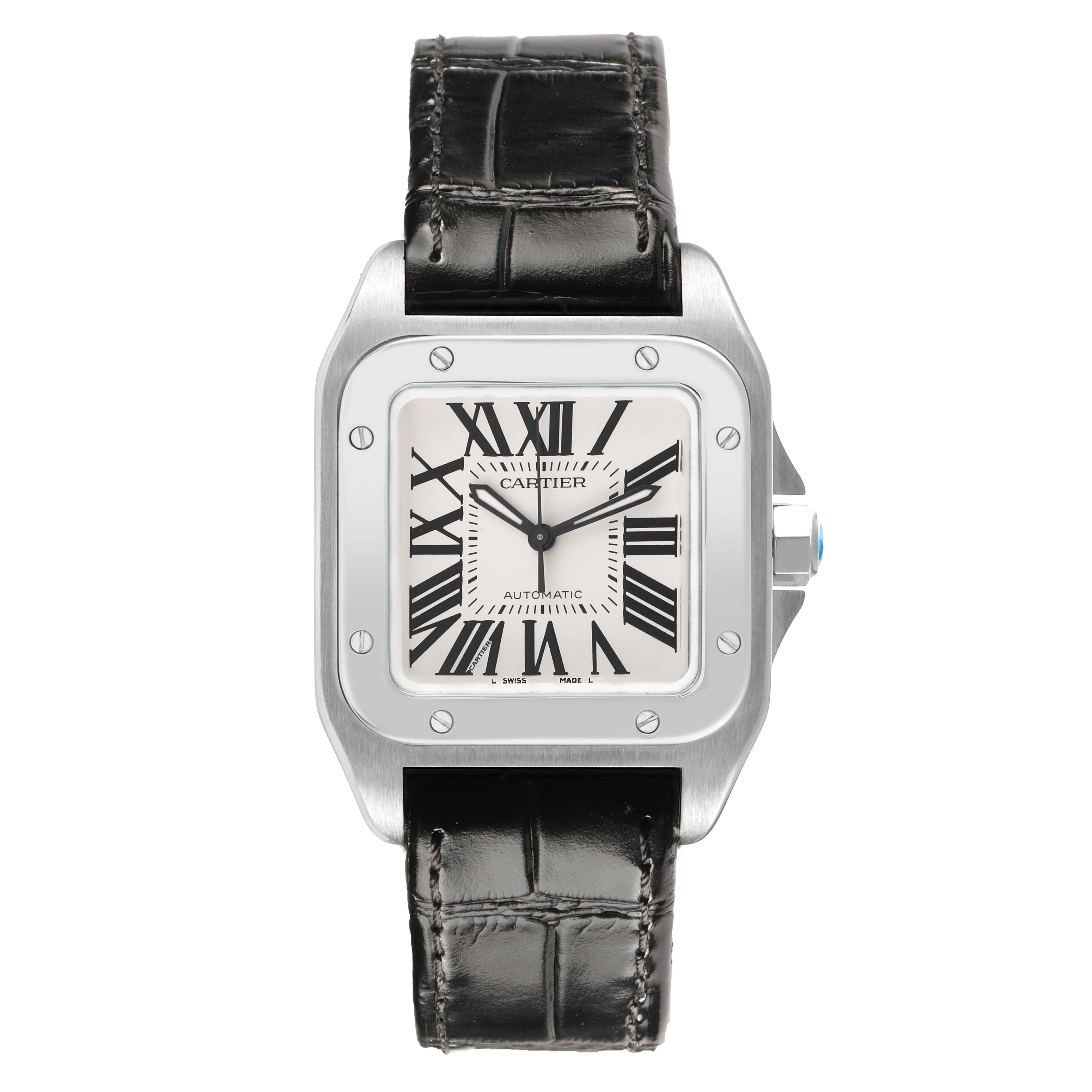 The Cartier Santos W20106X8 Men's Stainless Steel Silver Dial watch is shown from the front, featuring its face, bezel, crown, and leather strap.