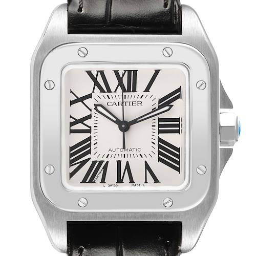 The Cartier Santos W20106X8 Men's Stainless Steel Silver Dial watch is shown from a front view, highlighting the face, bezel with screws, and part of the strap.