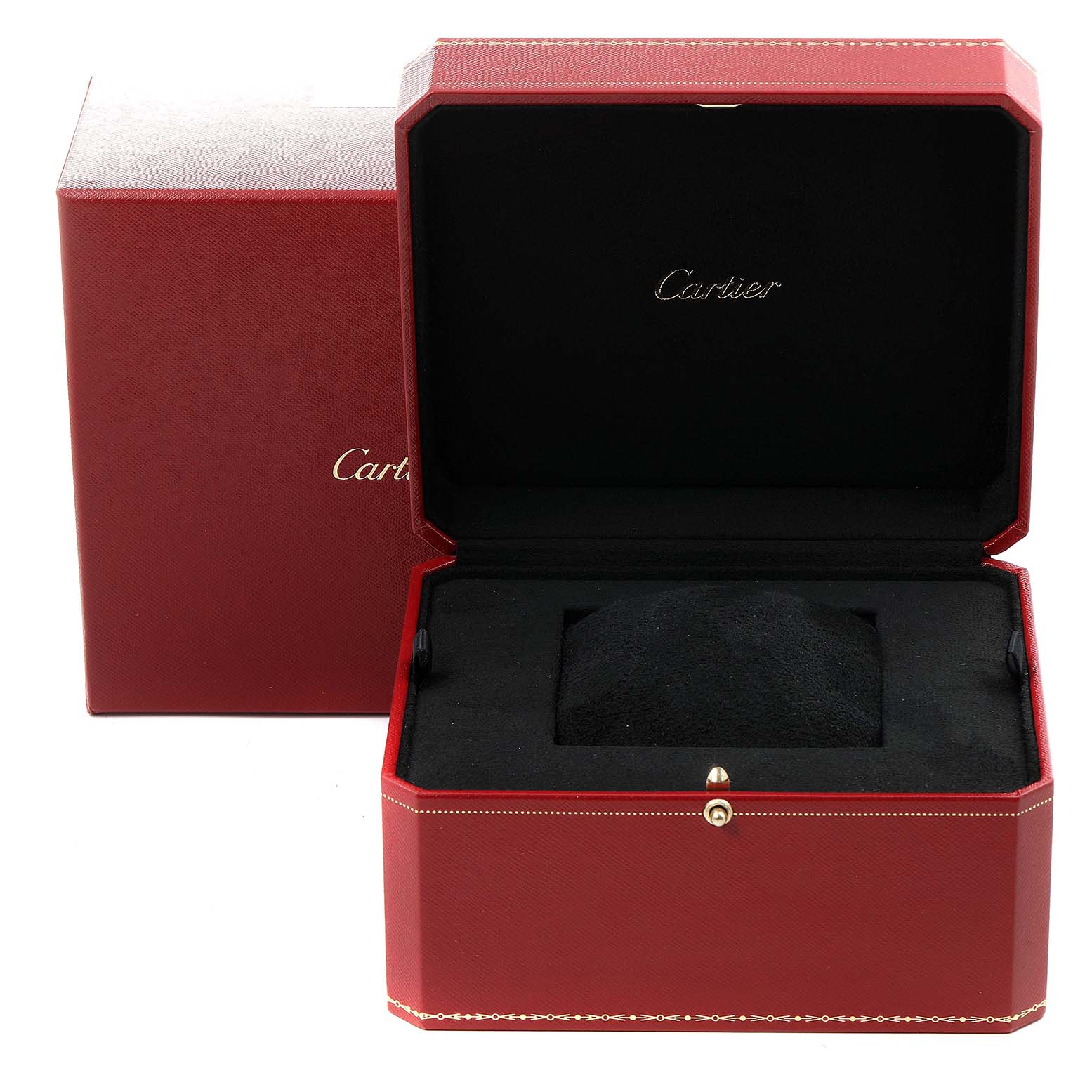 This image shows an open red Cartier watch box, specifically for the Santos model, with a black interior.