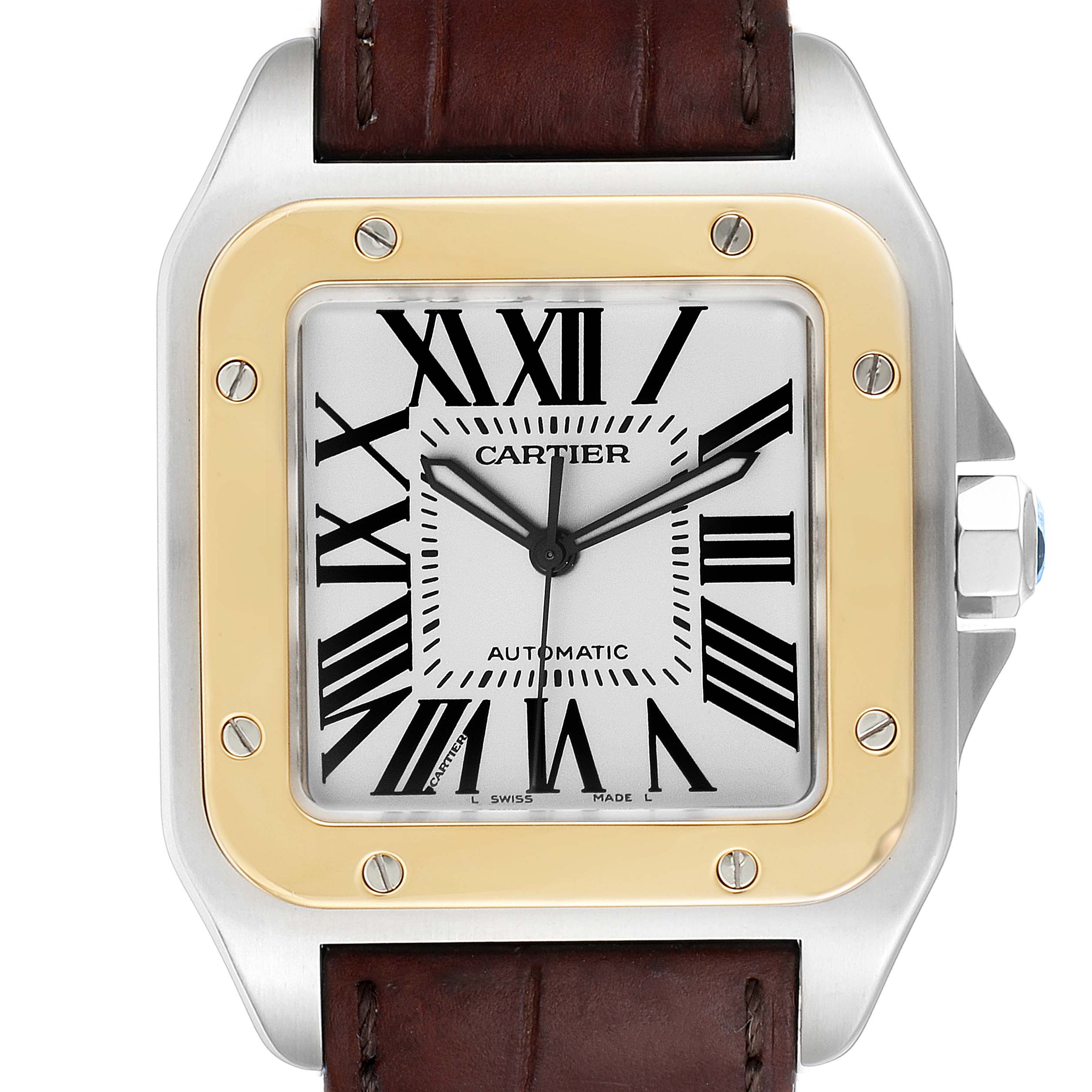 The image shows a front view of the watch face of a Santos model by Cartier with a brown leather strap.