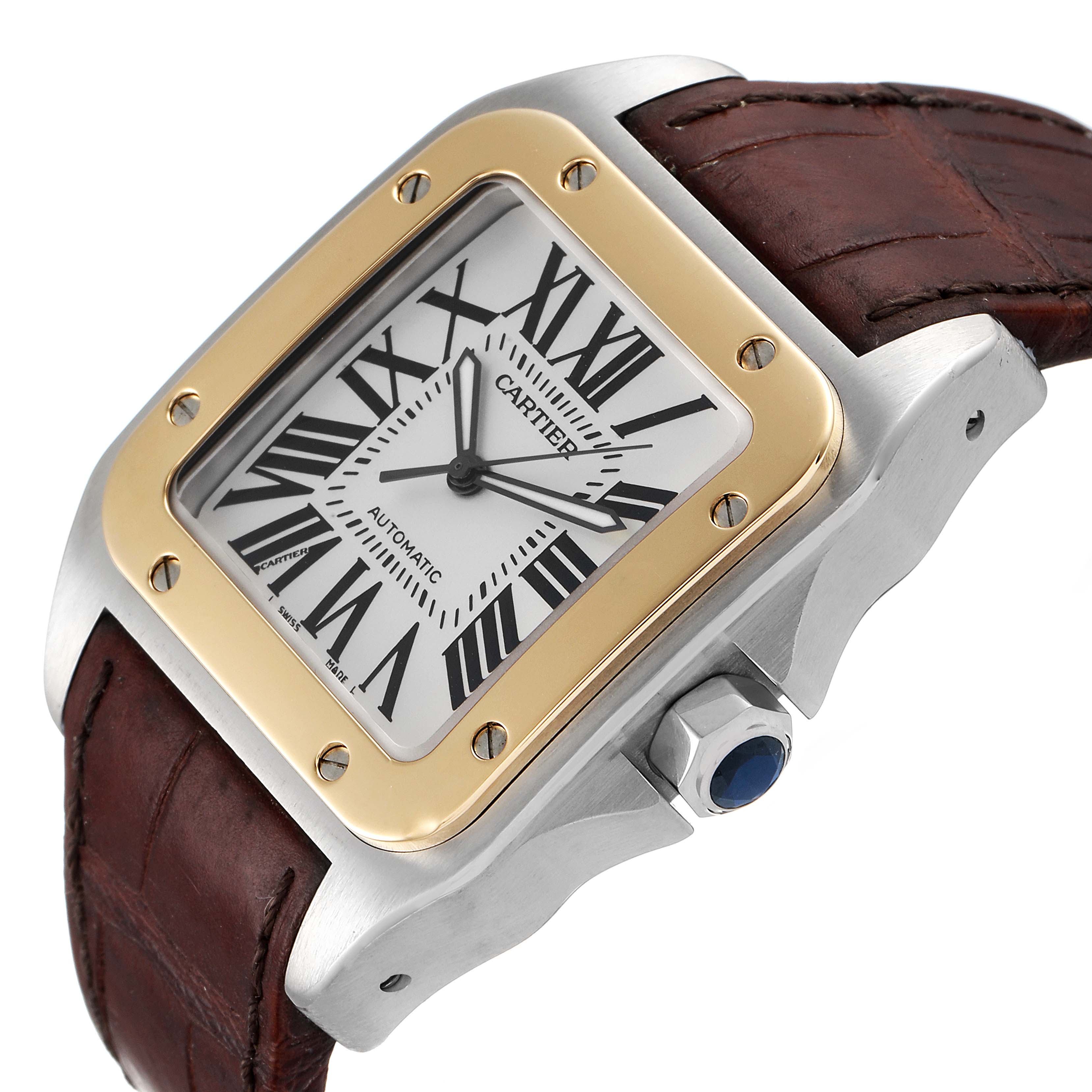 This Cartier Santos W20072X7 Men's Steel and Gold (two tone) Silver Dial W20072X7 Men's Steel and Gold (two tone) Silver Dial watch is shown at a slight angle from the right side, highlighting the face, bezel, crown, and part of the strap.