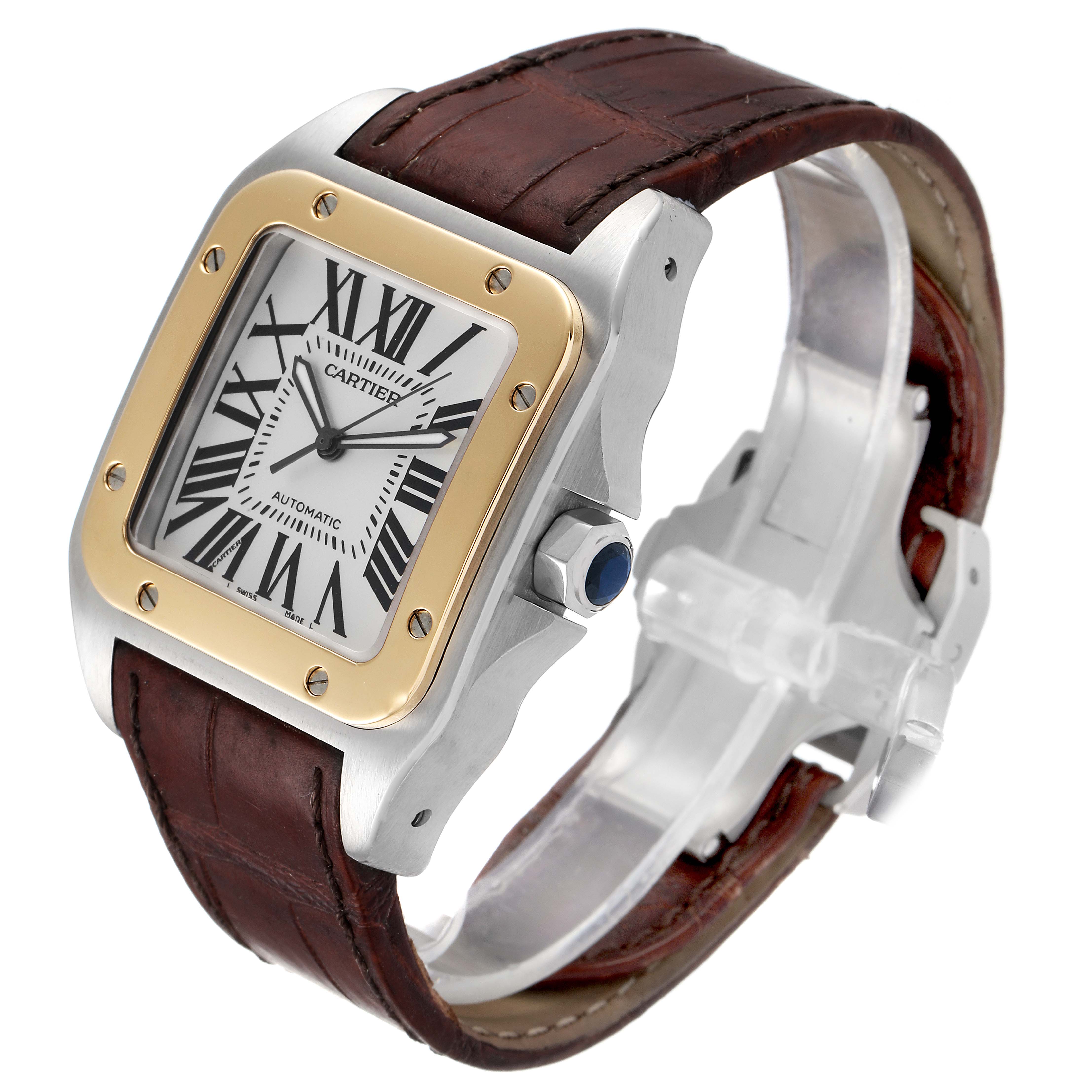 The Cartier Santos W20072X7 Men's Steel and Gold (two tone) Silver Dial W20072X7 Men's Steel and Gold (two tone) Silver Dial watch is shown at a slight side angle, highlighting its face, bezel, crown, and leather strap.
