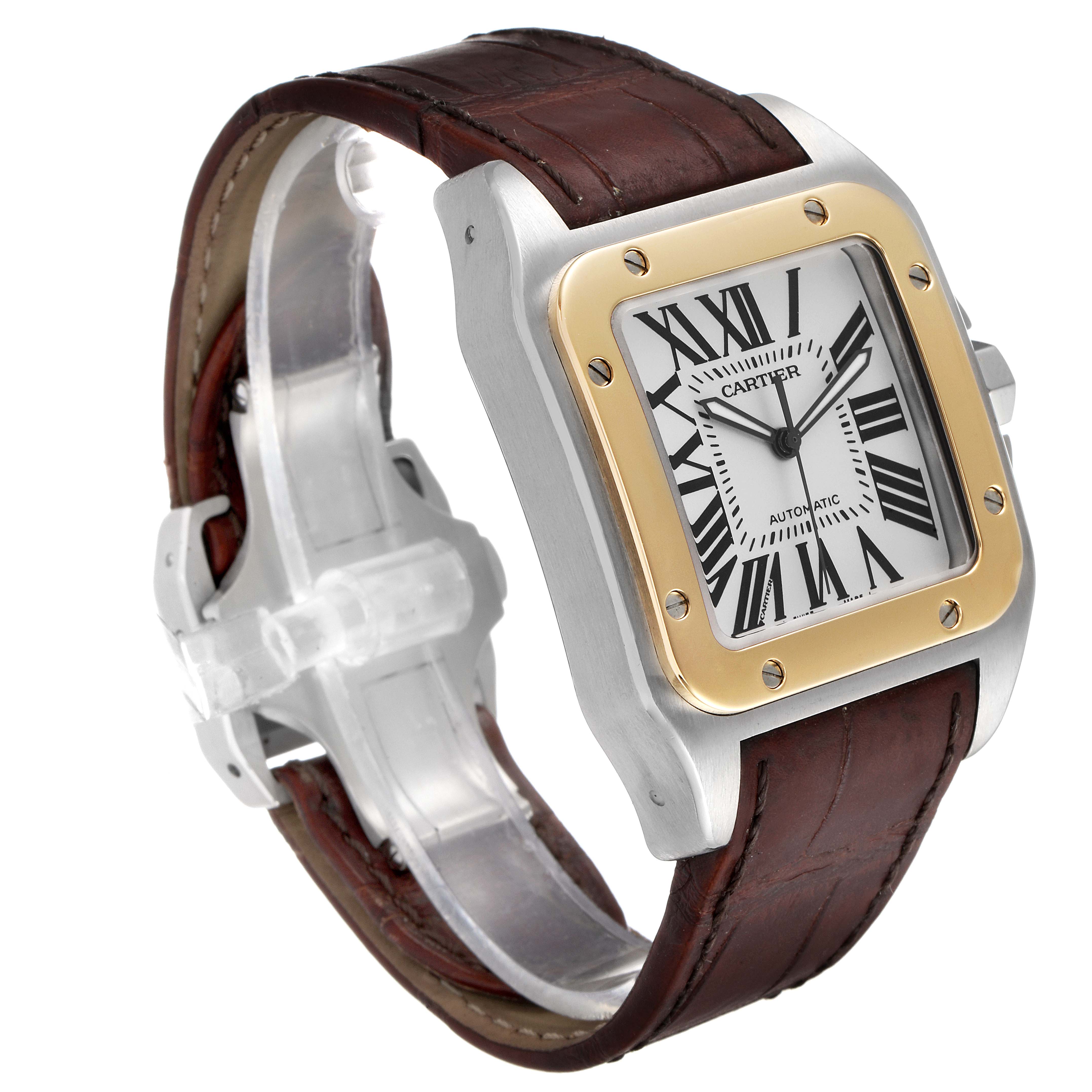 The image shows a Cartier Santos W20072X7 Men's Steel and Gold (two tone) Silver Dial W20072X7 Men's Steel and Gold (two tone) Silver Dial watch at a three-quarter angle, featuring a steel and gold bezel, white dial, and brown leather strap.