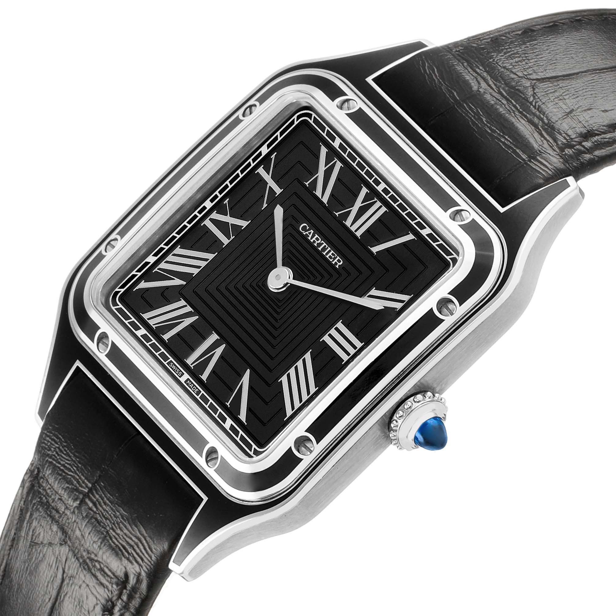 The Cartier Santos WSSA0046 Women's Stainless Steel Black Dial watch is shown at an angled overhead view, displaying its face, case, Roman numerals, and leather strap.