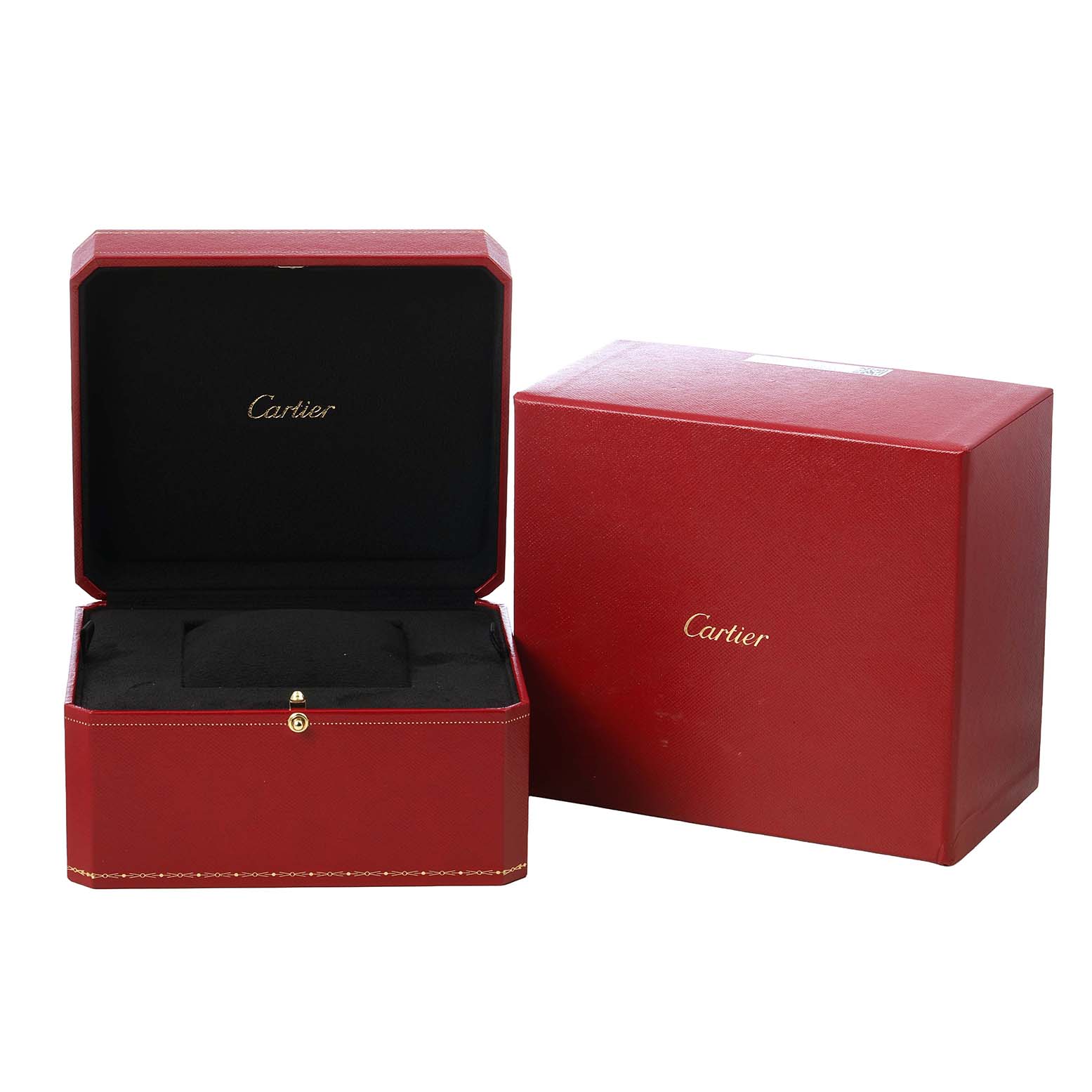 The image shows the open and closed packaging for the Santos model by Cartier, with a focus on the red boxes.