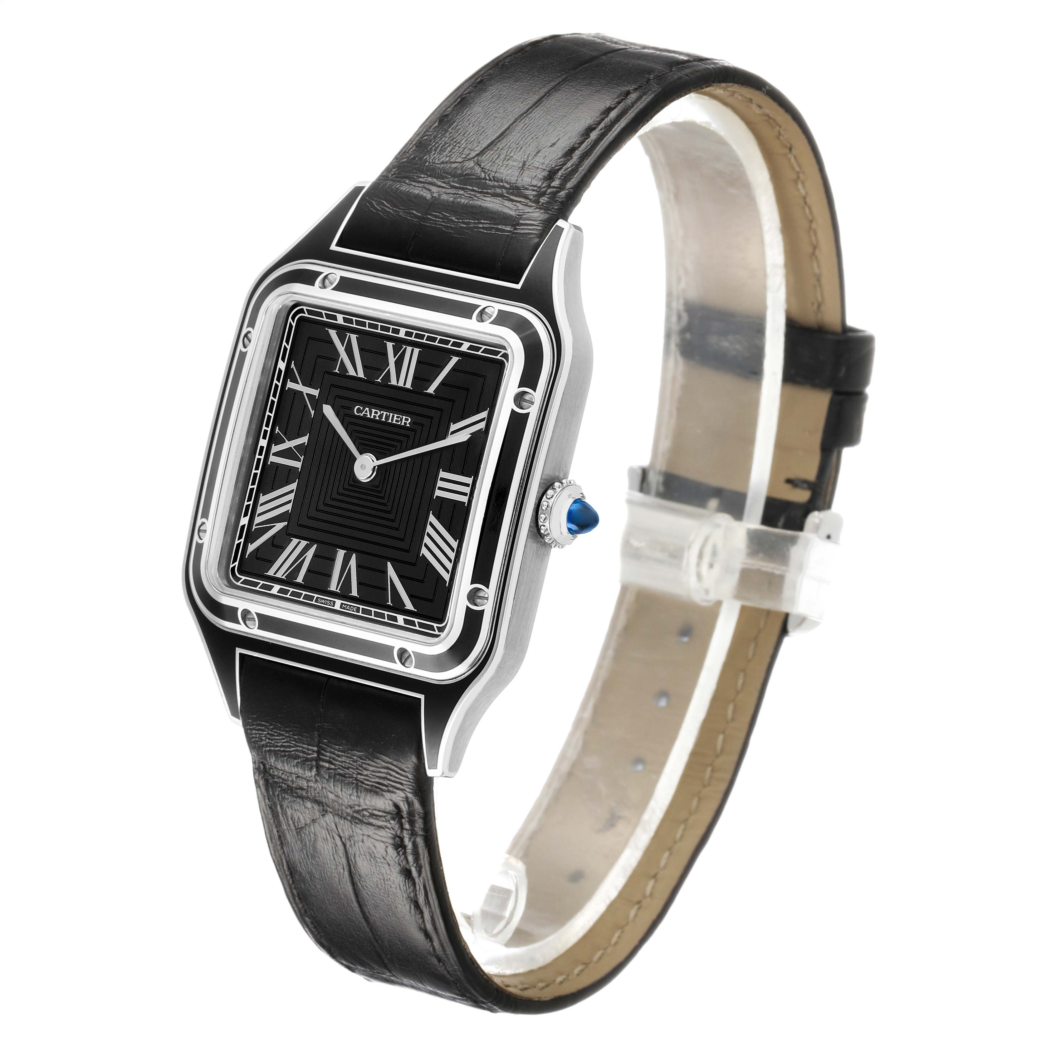 The Cartier Santos WSSA0046 Women's Stainless Steel Black Dial watch is shown at a three-quarter angle, highlighting the black leather strap and black dial with Roman numerals.