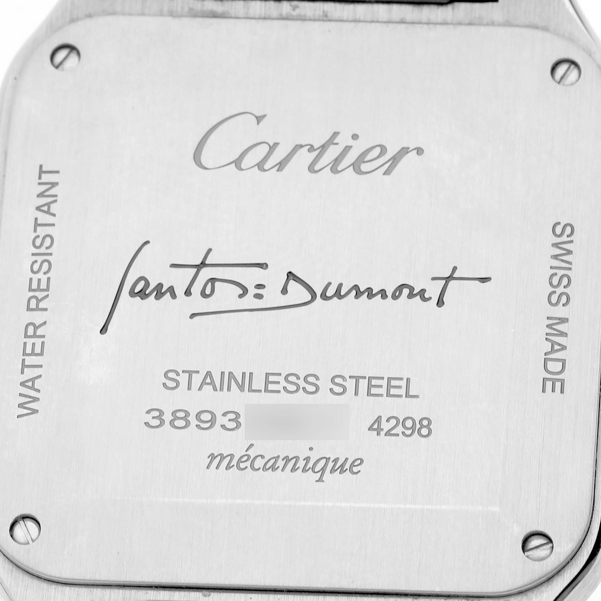 The image shows the back of a Cartier Santos WSSA0046 Women's Stainless Steel Black Dial watch, highlighting its branding and material details.