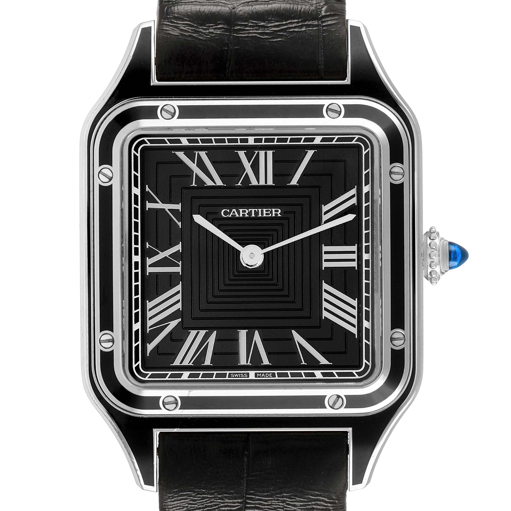 The Cartier Santos WSSA0046 Women's Stainless Steel Black Dial watch is shown from the front, highlighting the square face, Roman numerals, and a blue cabochon on the crown.
